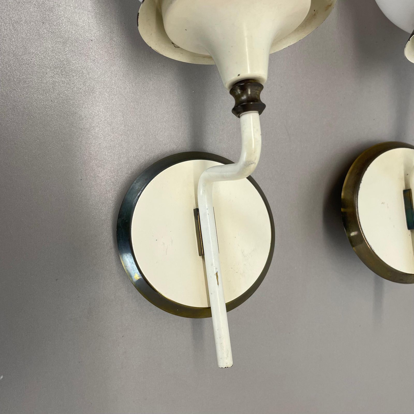 Set Of Two Brutalist Brass And White Glass Wall Light Sconces, France 1960s photo vintage