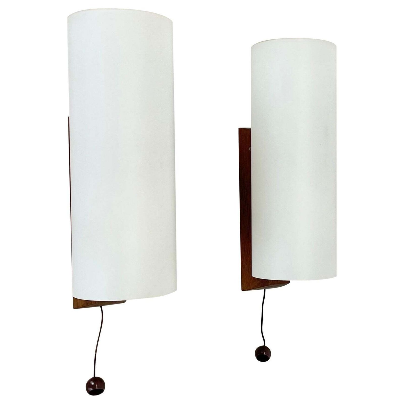 Set Of 2 Minimalist Satin White Glass And Teak Wall Light, Denmark, 1960s