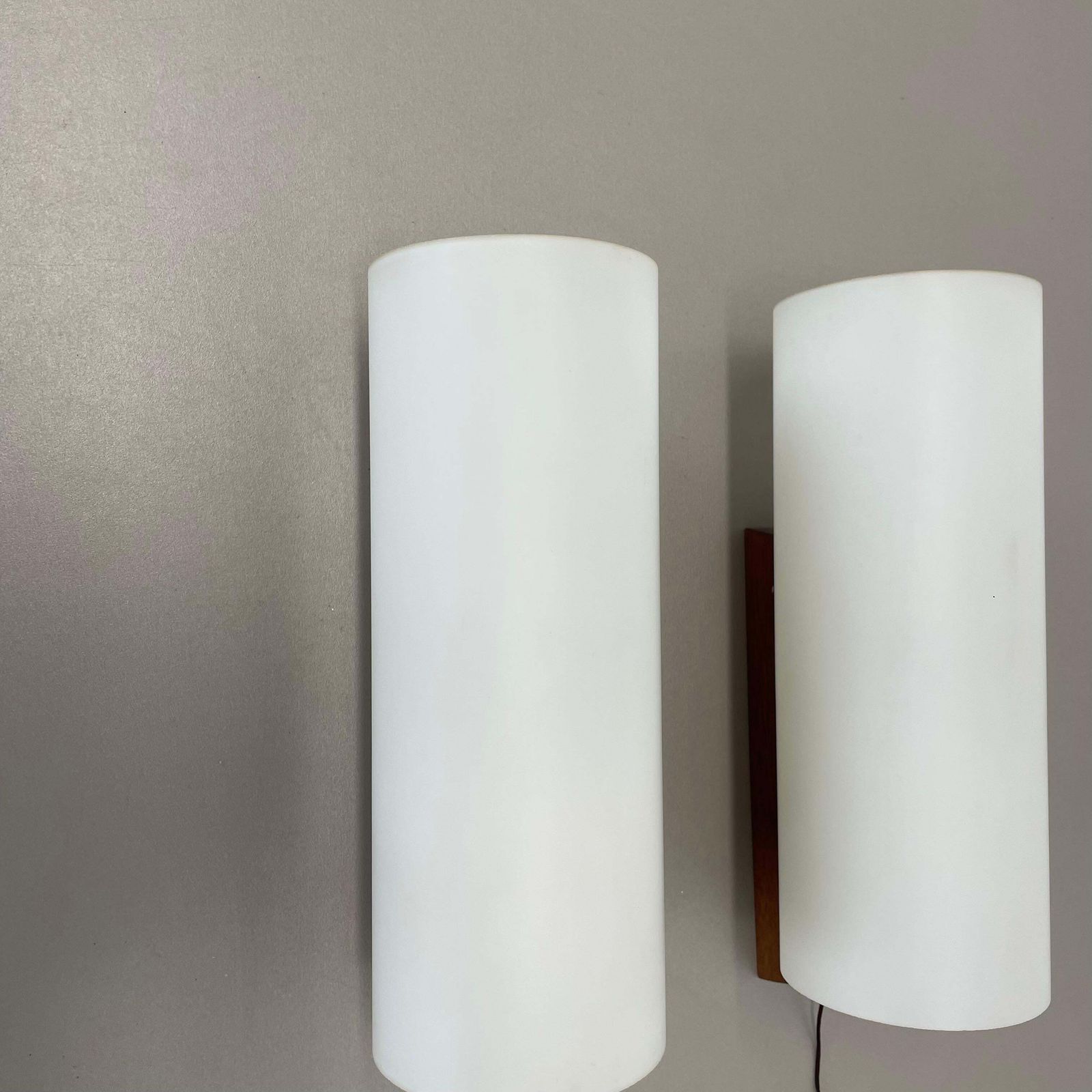 Set Of 2 Minimalist Satin White Glass And Teak Wall Light, Denmark, 1960s photo for sale