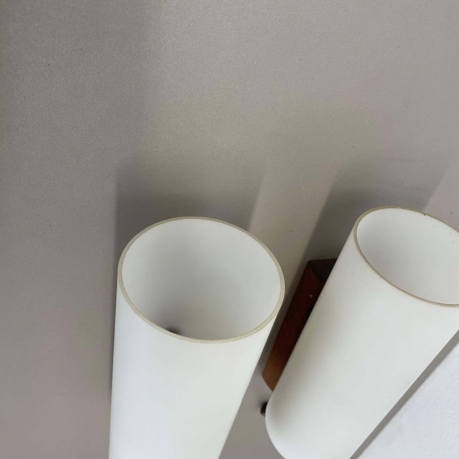 Set Of 2 Minimalist Satin White Glass And Teak Wall Light, Denmark, 1960s photo vintage