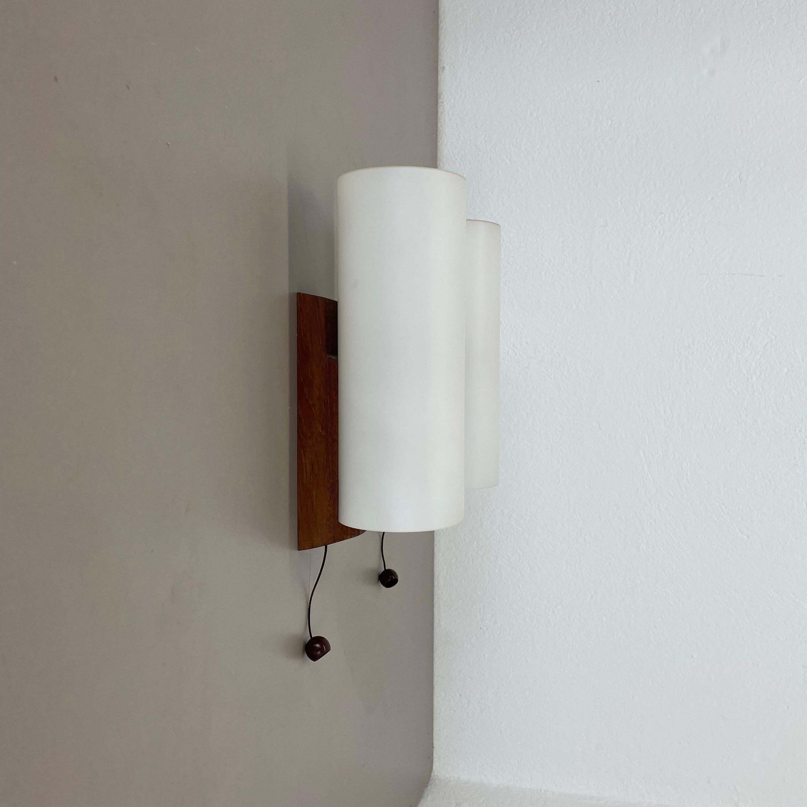 Lighting Set Of 2 Minimalist Satin White Glass And Teak Wall Light, Denmark, 1960s photo