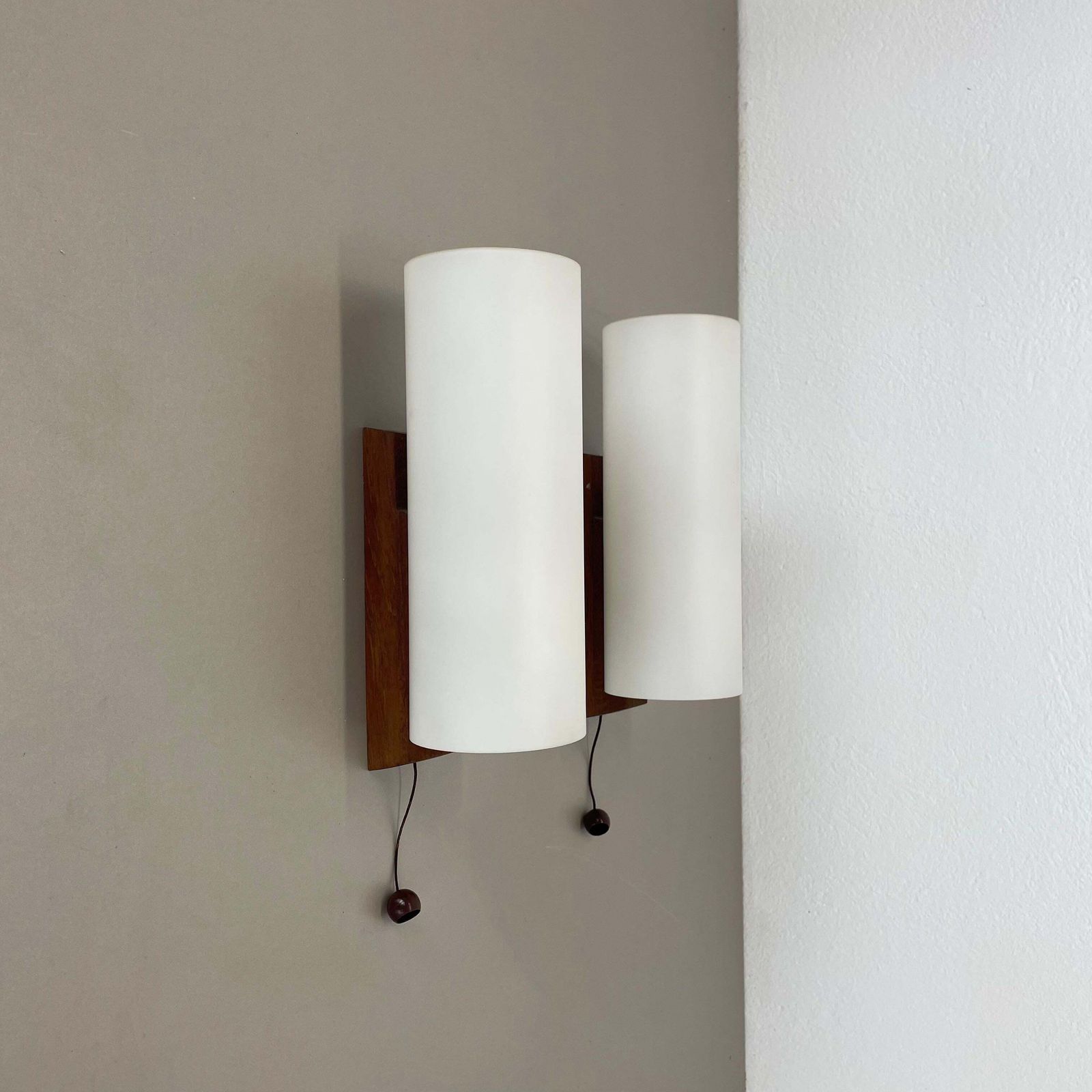 619.0 Set Of 2 Minimalist Satin White Glass And Teak Wall Light, Denmark, 1960s photo