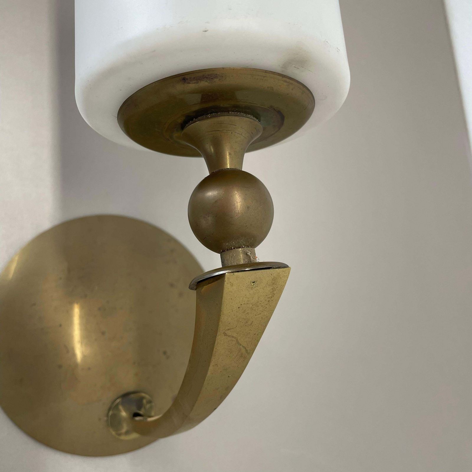 photo furniture Large 36cm Modernist Brass And Glass Theatre Wall Light Sconces, France, 1950s
