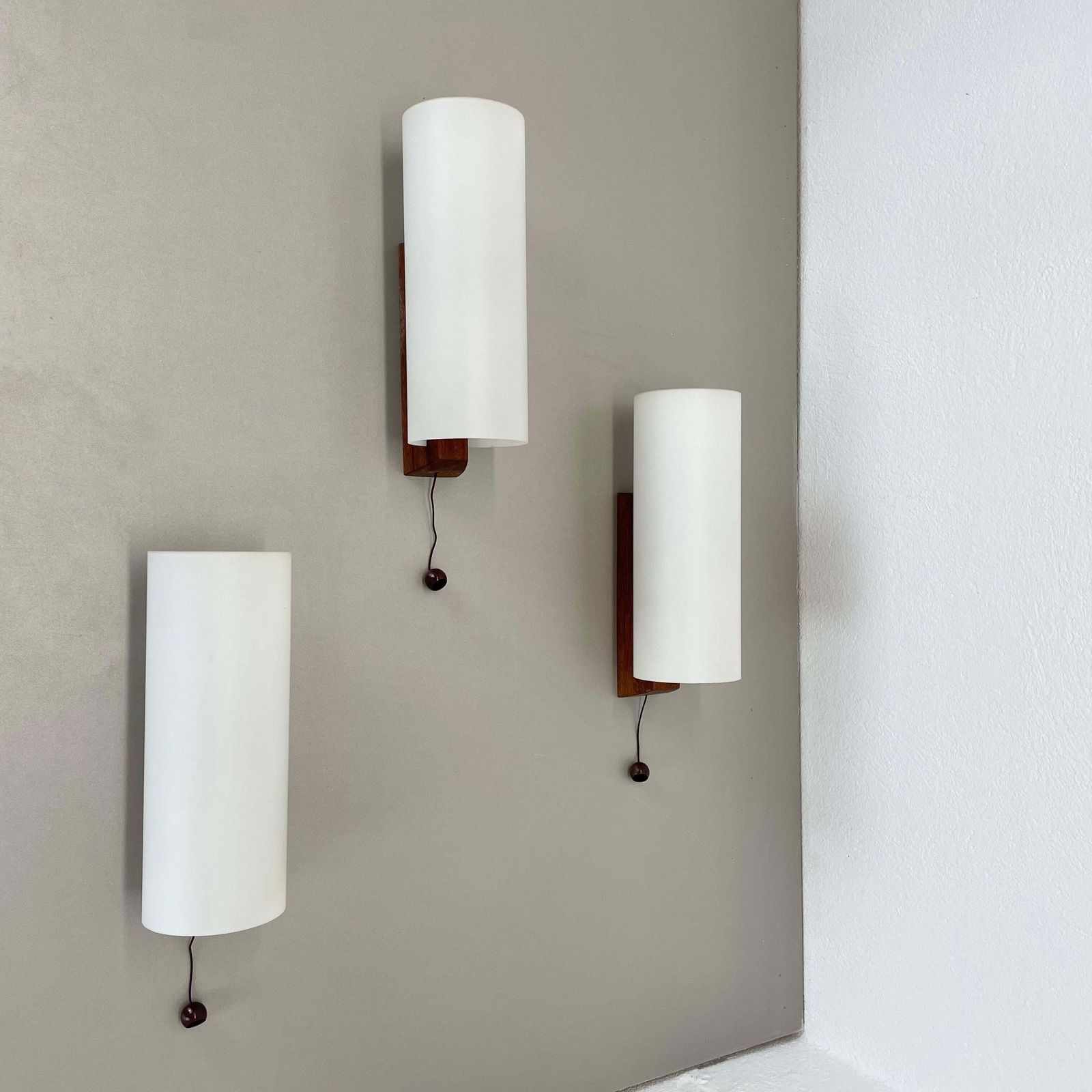 Set Of 3 Minimalist Satin White Glass And Teak Wall Light, Denmark, 1960s photo furniture