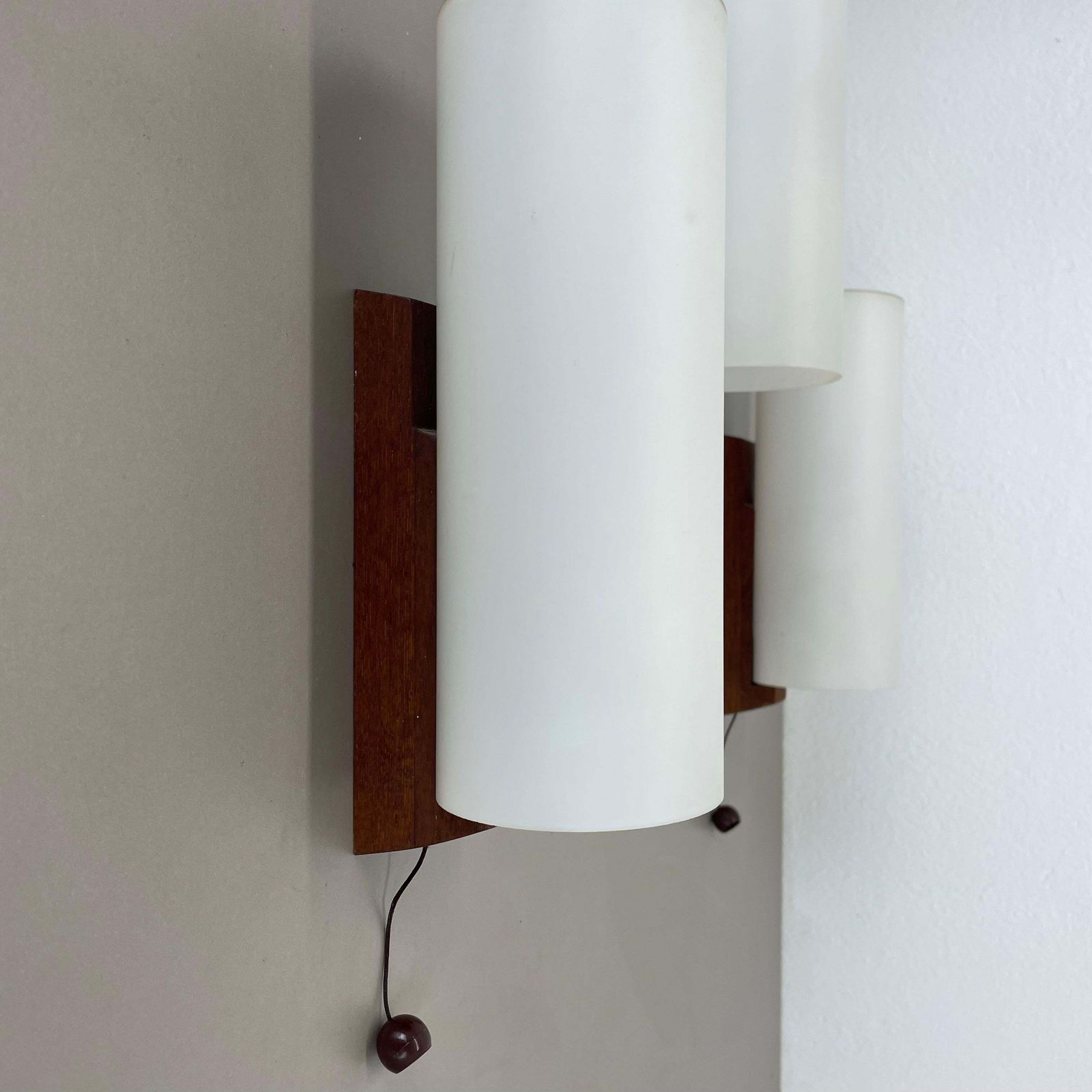 Set Of 3 Minimalist Satin White Glass And Teak Wall Light, Denmark, 1960s photo 929.0