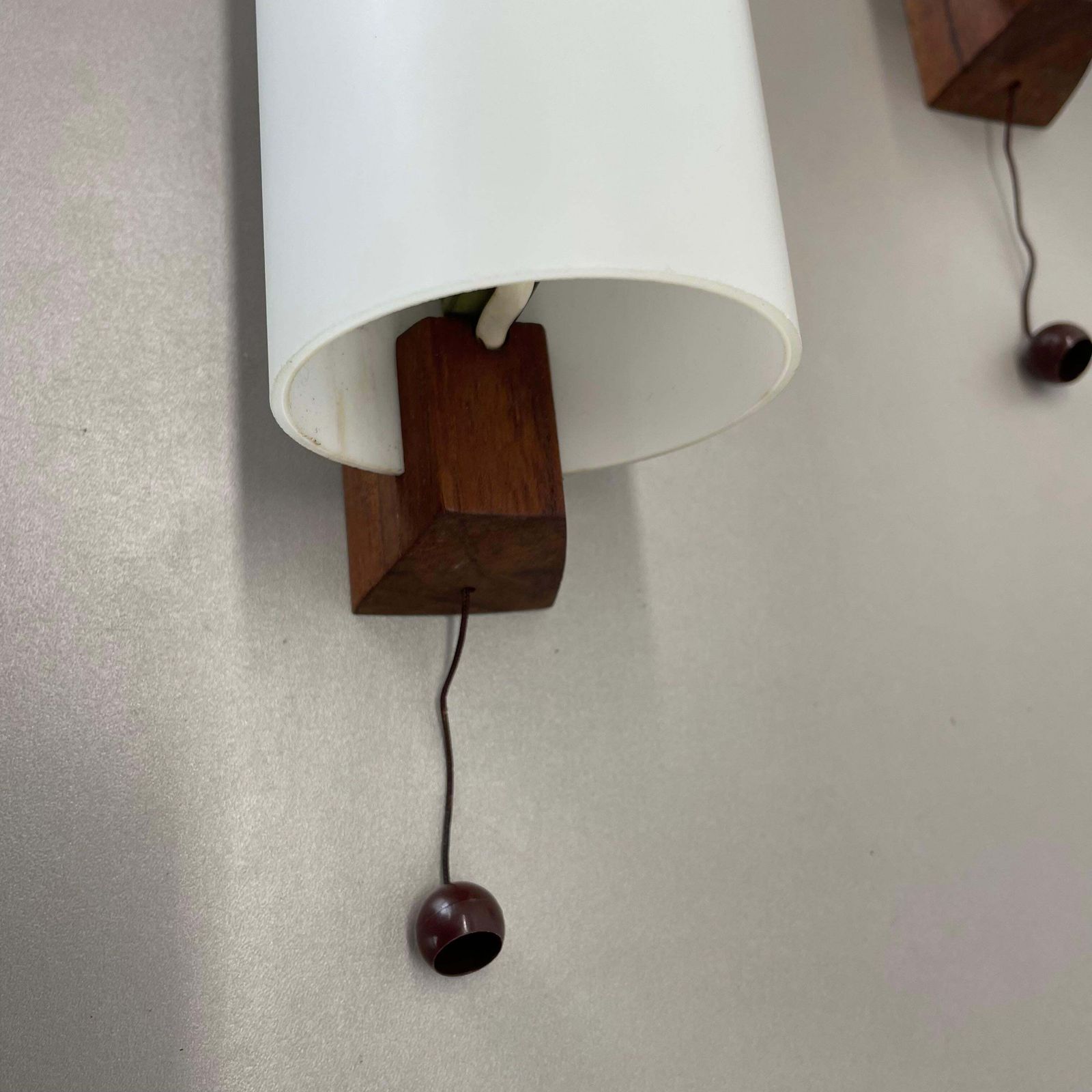 Set Of 3 Minimalist Satin White Glass And Teak Wall Light, Denmark, 1960s photo vinterior