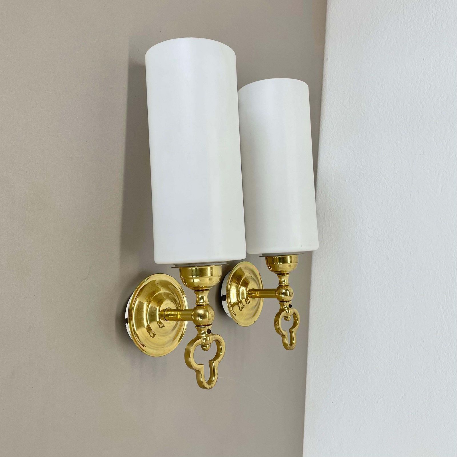 Set Of Two Brass And Satin Glass Theatre Wall Lights Sconces, Italy, 1970s photo furniture