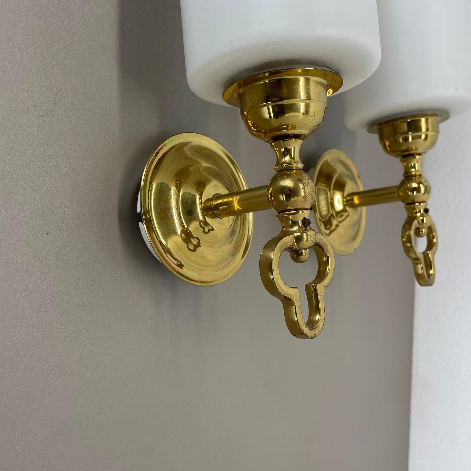 Set Of Two Brass And Satin Glass Theatre Wall Lights Sconces, Italy, 1970s photo buy
