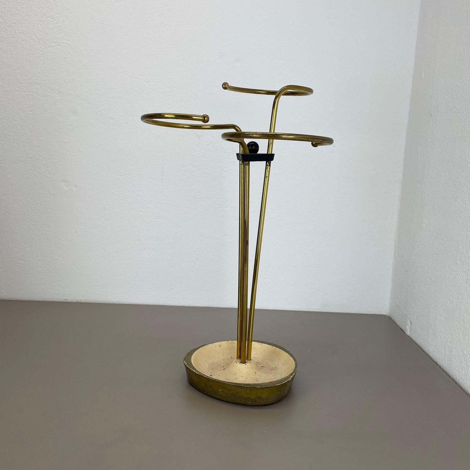 Original 48cm Swirl Metal Brass Modernist Bauhaus Umbrella Stand Germany, 1950s photo furniture