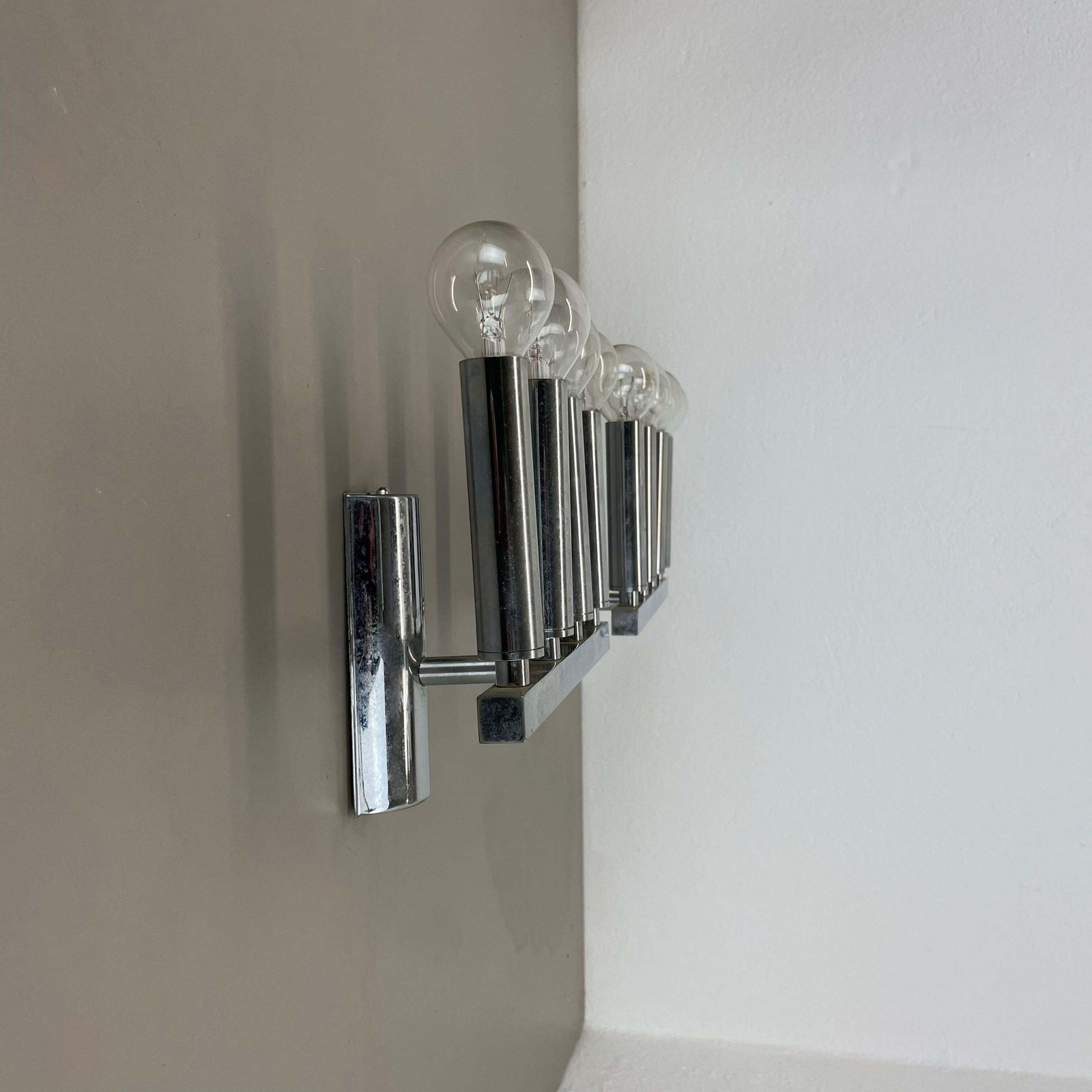 Set Of 2 Chrome Tube "Torch" Wall Lights By Gaetano Sciolari Attrib. Italy 1970s photo furniture