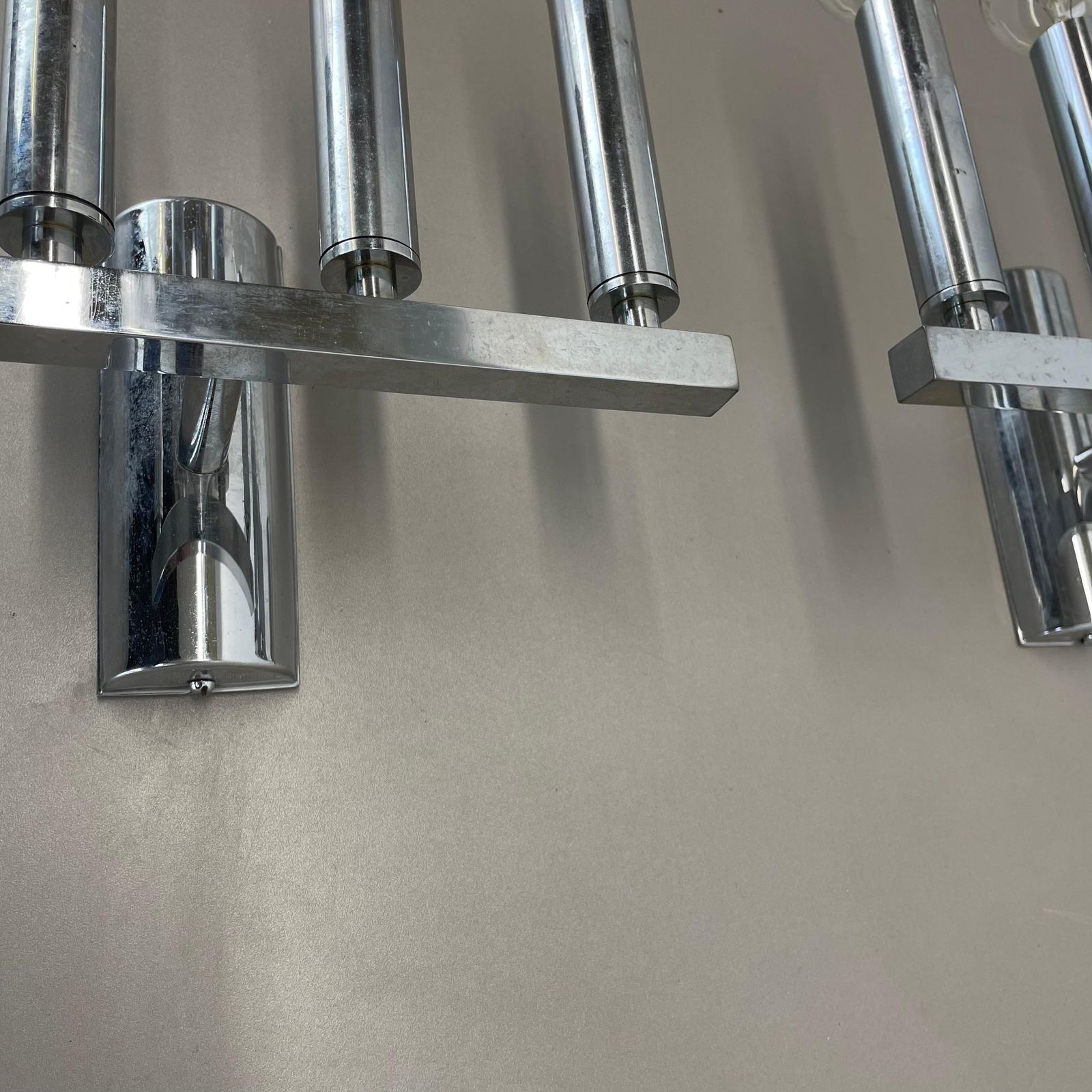 Set Of 2 Chrome Tube "Torch" Wall Lights By Gaetano Sciolari Attrib. Italy 1970s photo vintage