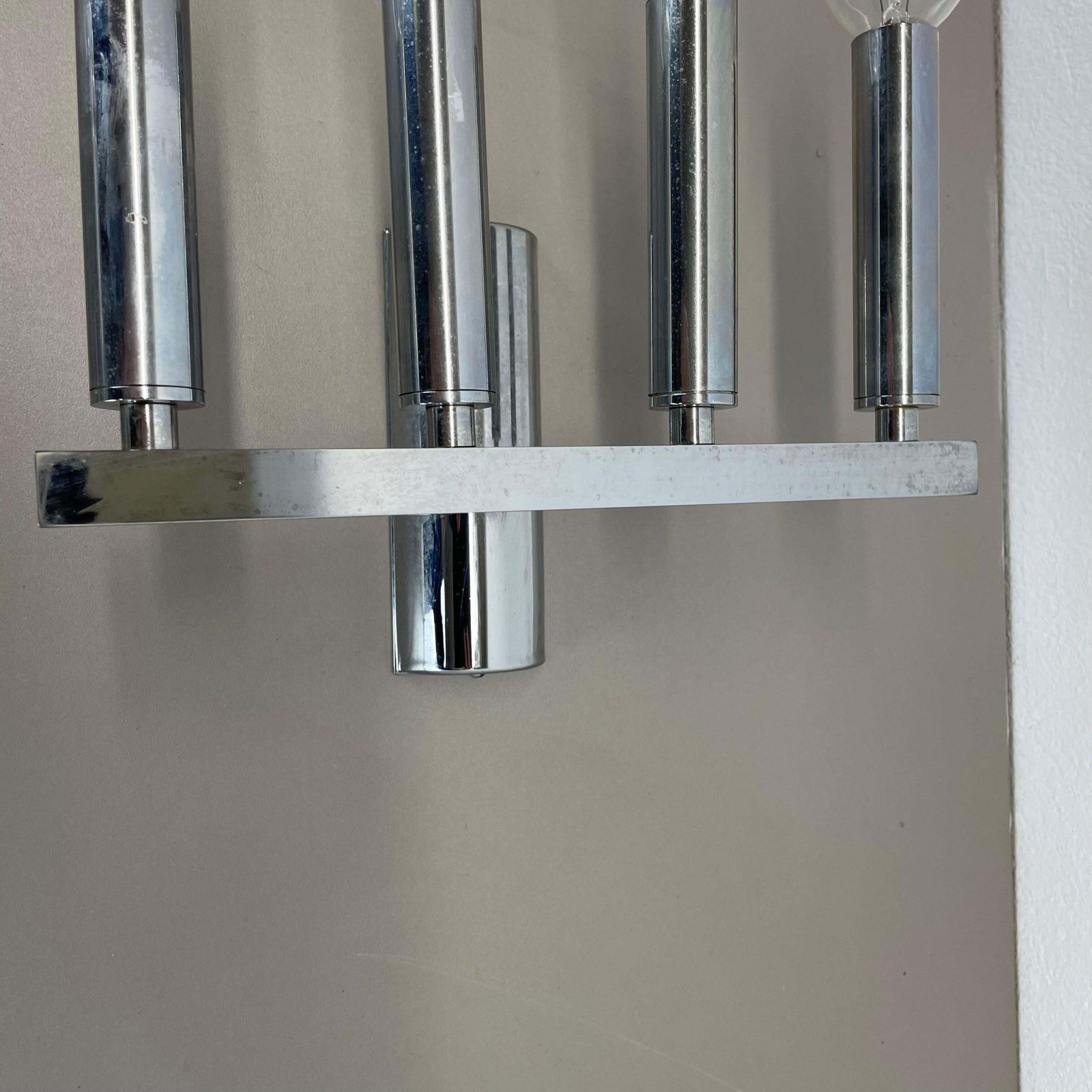 Lighting Set Of 2 Chrome Tube "Torch" Wall Lights By Gaetano Sciolari Attrib. Italy 1970s photo