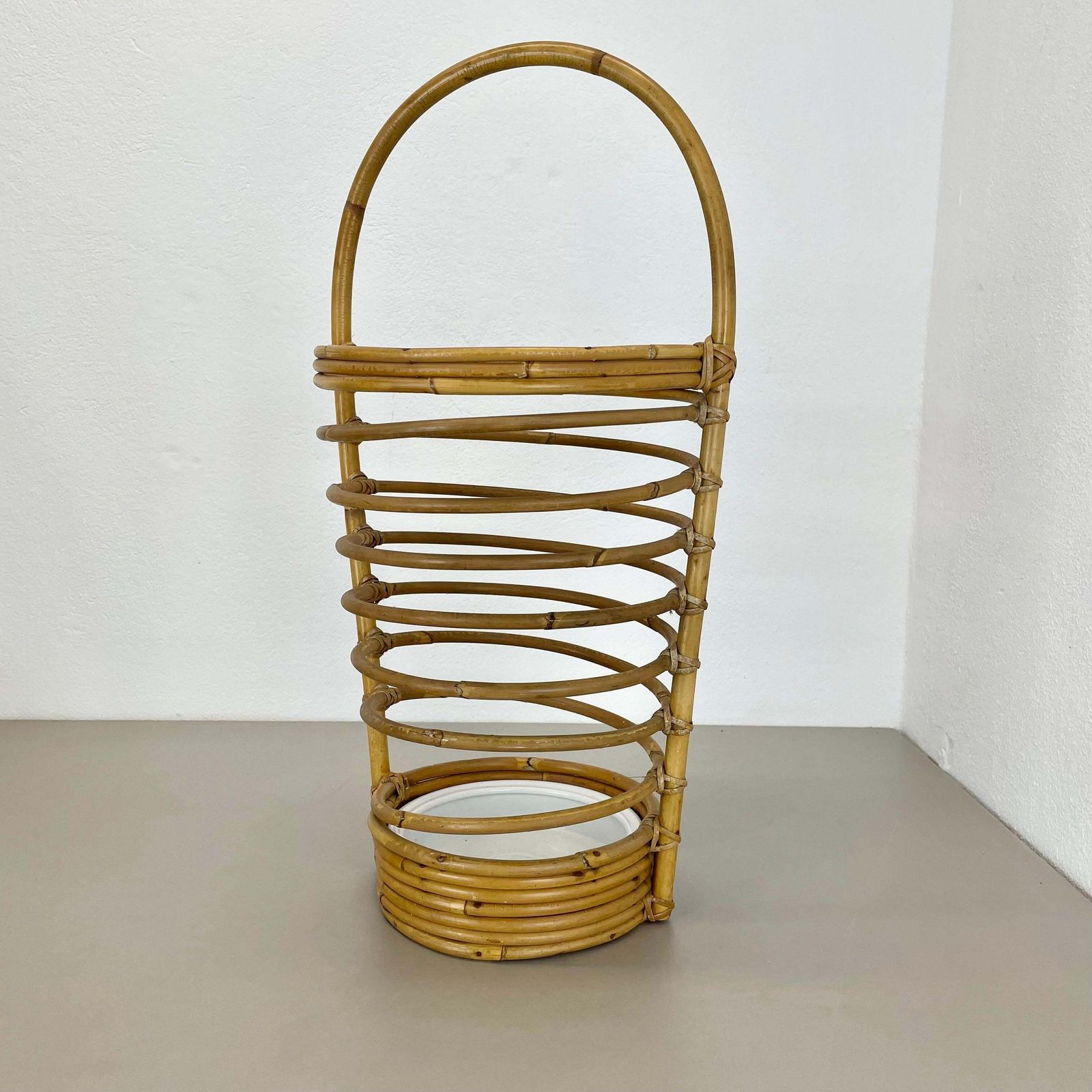 Large Looped 60cm Midcentury Rattan Bauhaus Umbrella Stand, France, 1970s photo furniture