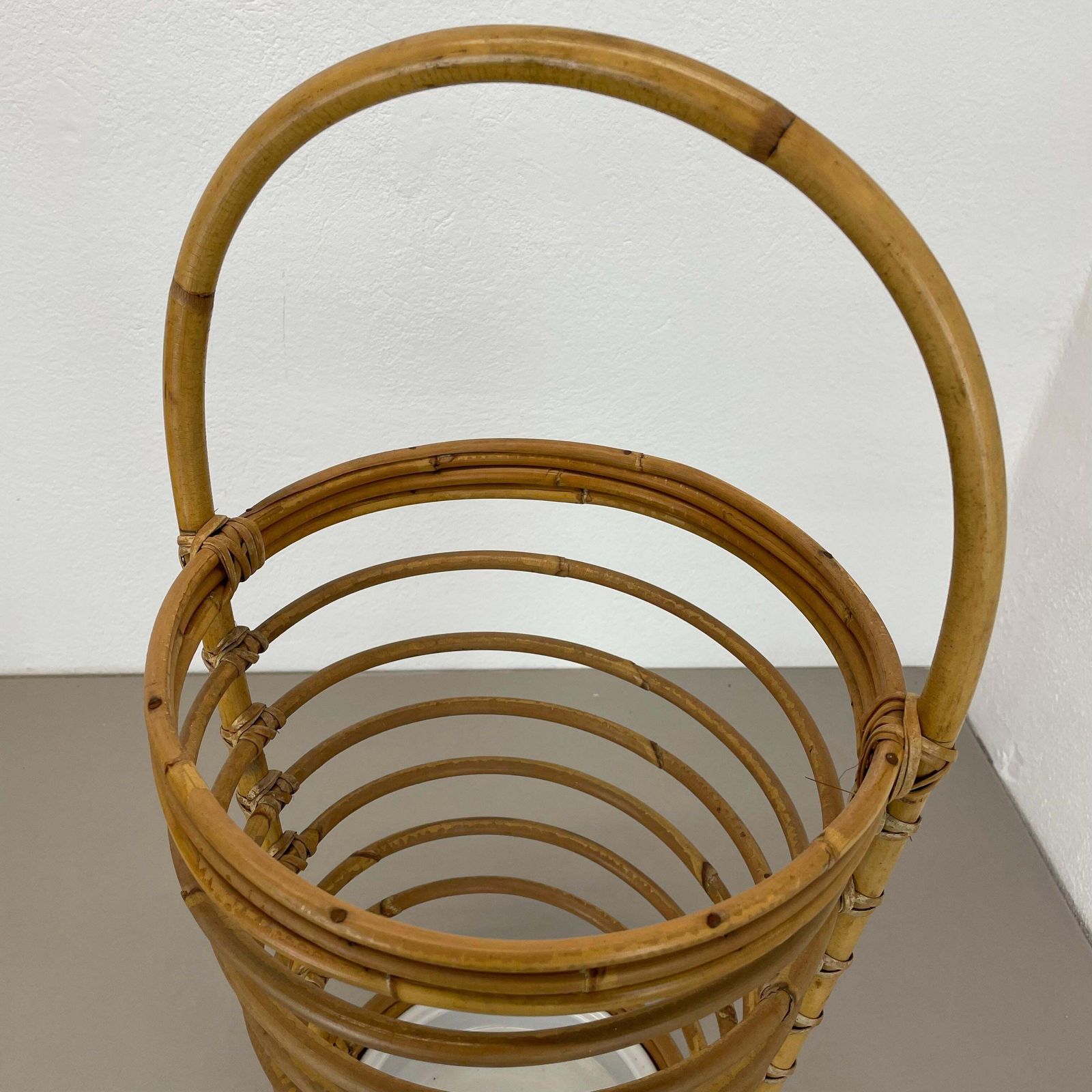 photo for sale Large Looped 60cm Midcentury Rattan Bauhaus Umbrella Stand, France, 1970s