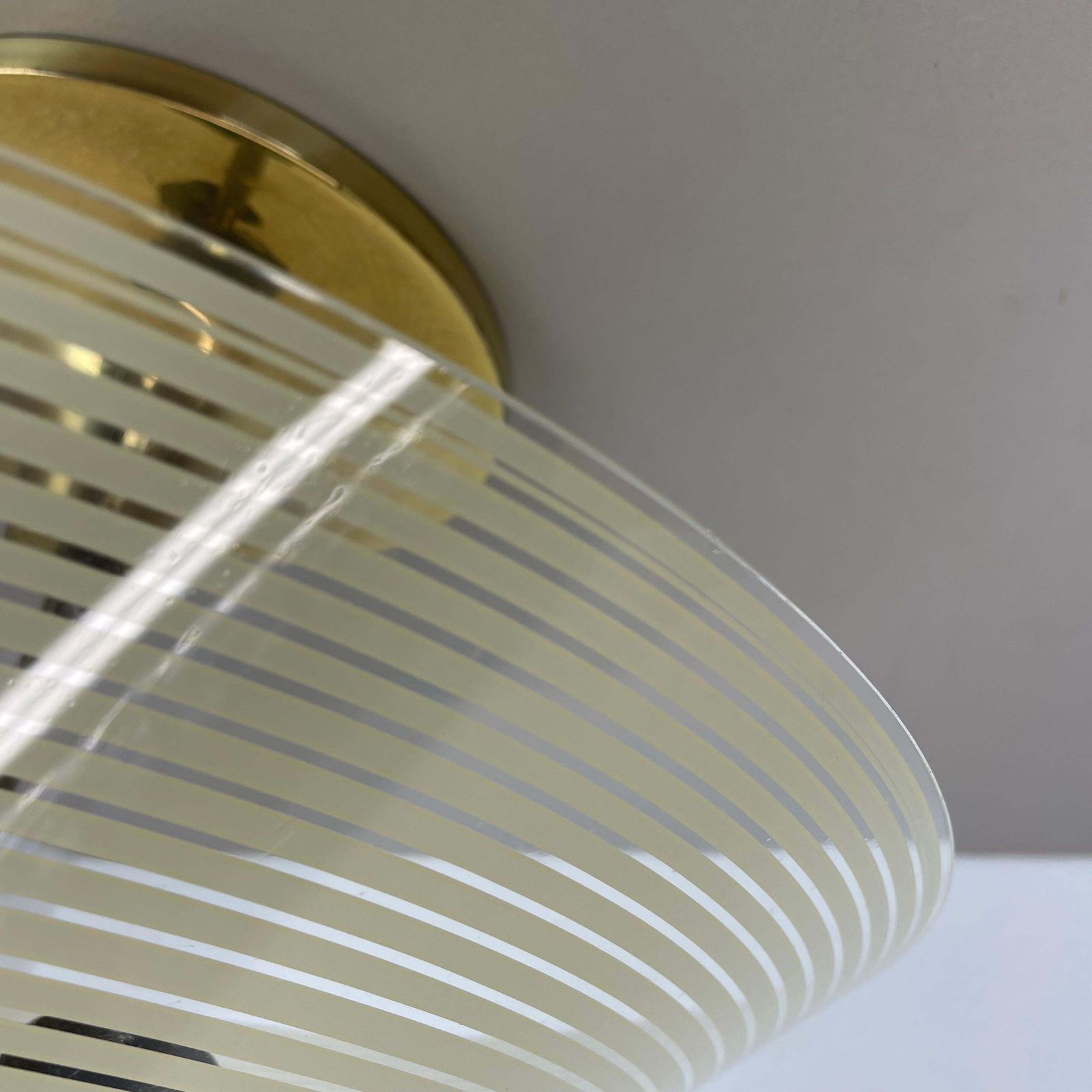 Modernist Stilnovo Style Brass And Glass Ceiling Flushmount Light, Italy 1950s photo vintage