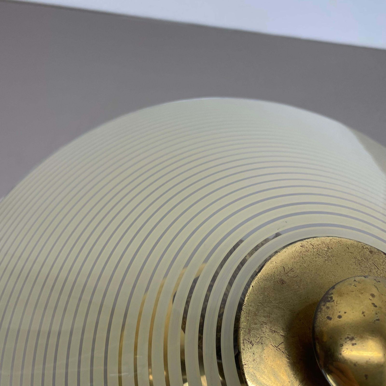 photo vinterior Modernist Stilnovo Style Brass And Glass Ceiling Flushmount Light, Italy 1950s