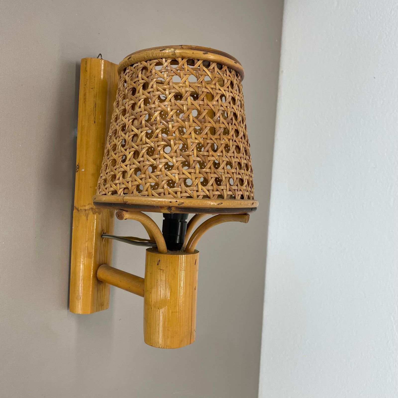 Rare Bamboo, Wicker And Rattan Wall Light In Louis Sognot Style, France, 1950s photo for sale