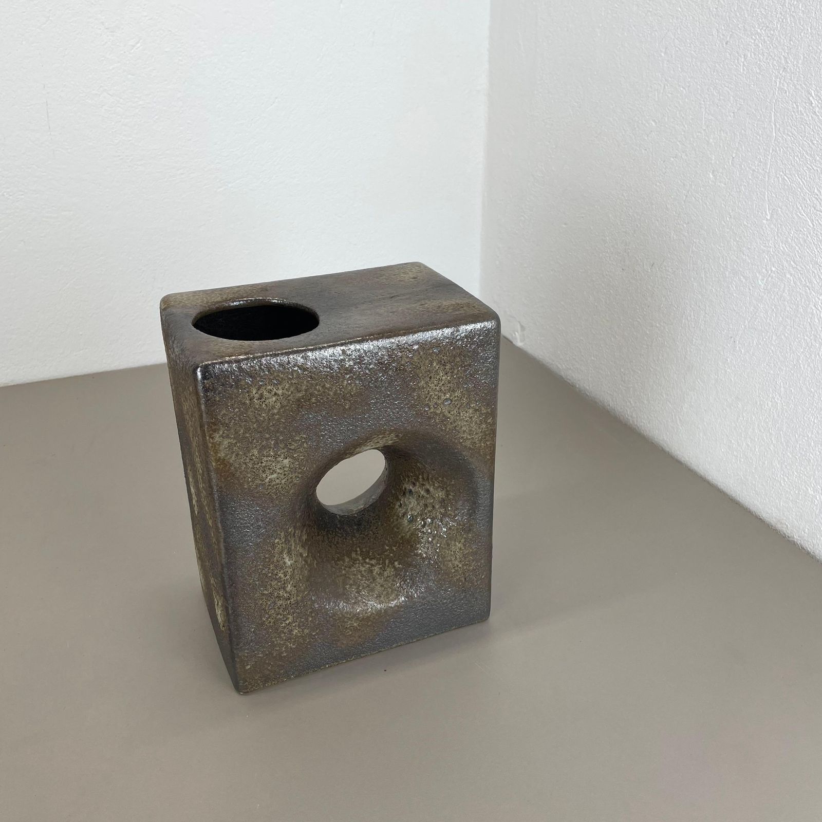 Xxl 25cm Brutalist Cubic "Hole" Vase By Piet Vest Ceramics, Netherlands, 1970 photo 619.0