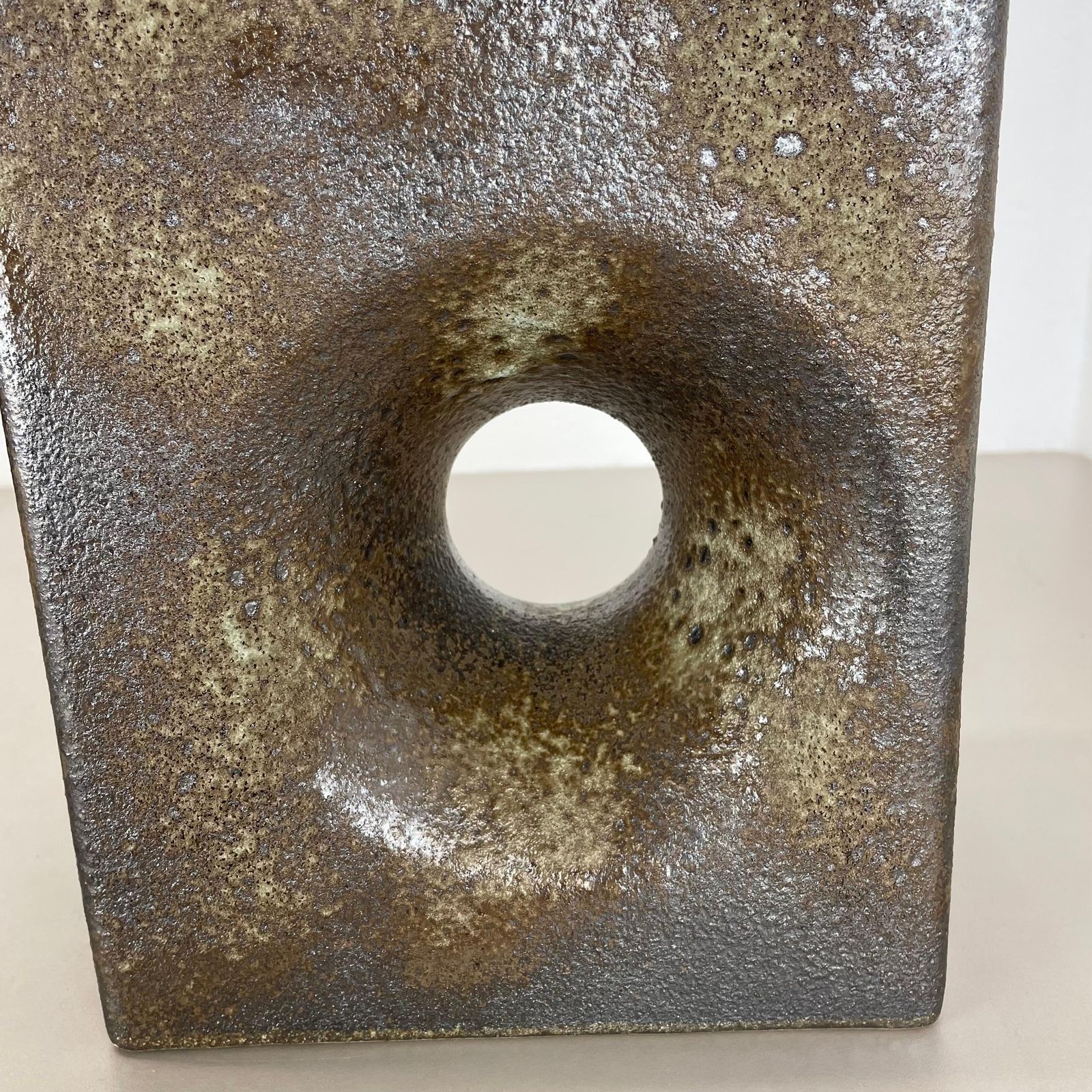 photo furniture Xxl 25cm Brutalist Cubic "Hole" Vase By Piet Vest Ceramics, Netherlands, 1970