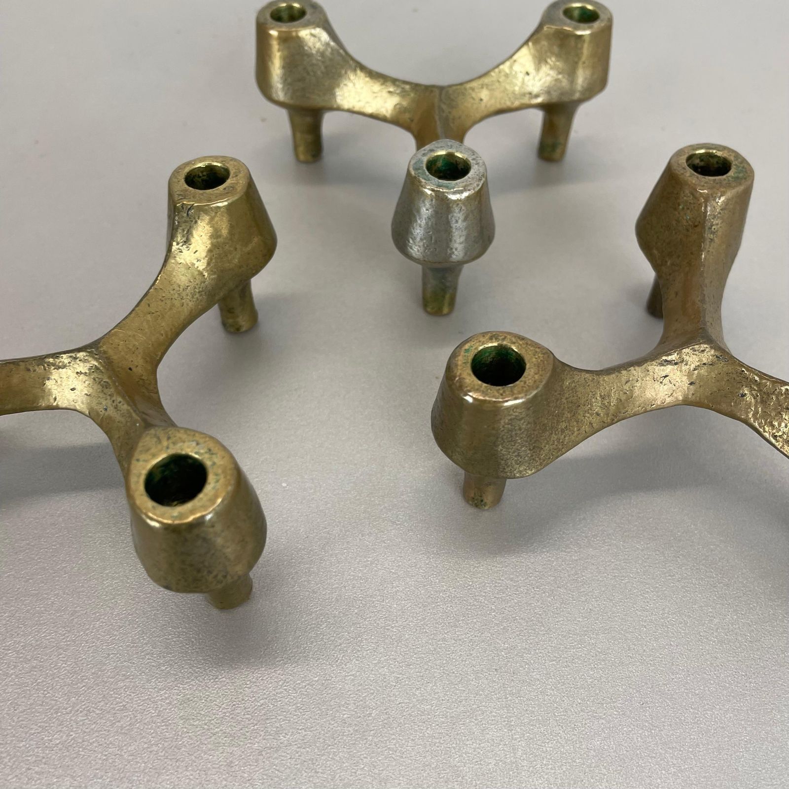 photo furniture Set Of 3 Sculptural Brutalist Tripod Bronze Metal Candleholder, France, 1960s
