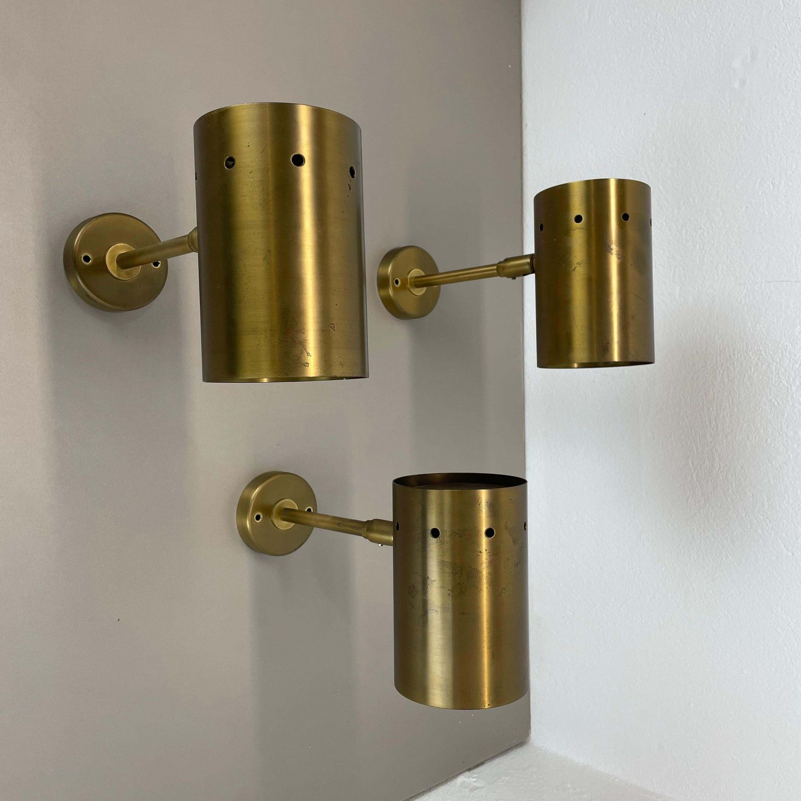 Set Of Three Large Minimalist Brass "Tube" Wall Light Sconces, Italy 1970s photo furniture