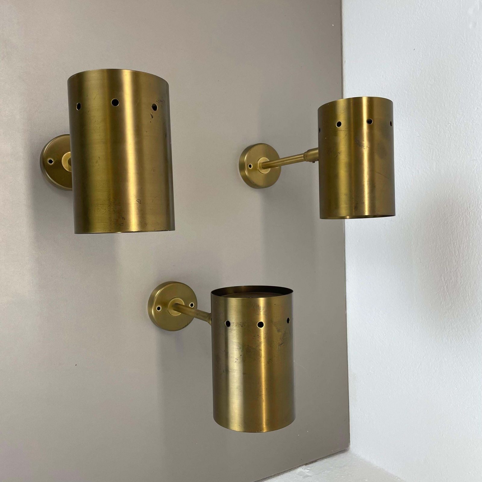 Set Of Three Large Minimalist Brass "Tube" Wall Light Sconces, Italy 1970s photo for sale