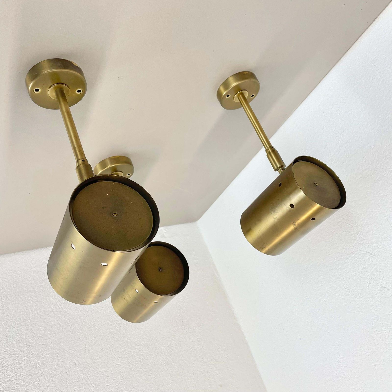 Set Of Three Large Minimalist Brass "Tube" Wall Light Sconces, Italy 1970s photo vintage