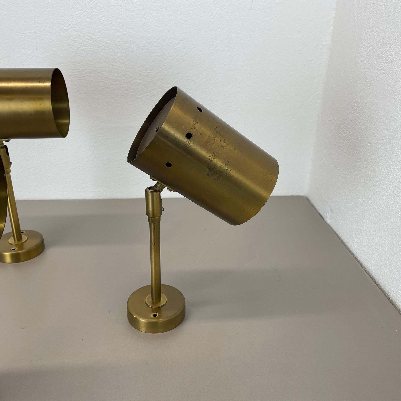 photo buy Set Of Three Large Minimalist Brass "Tube" Wall Light Sconces, Italy 1970s