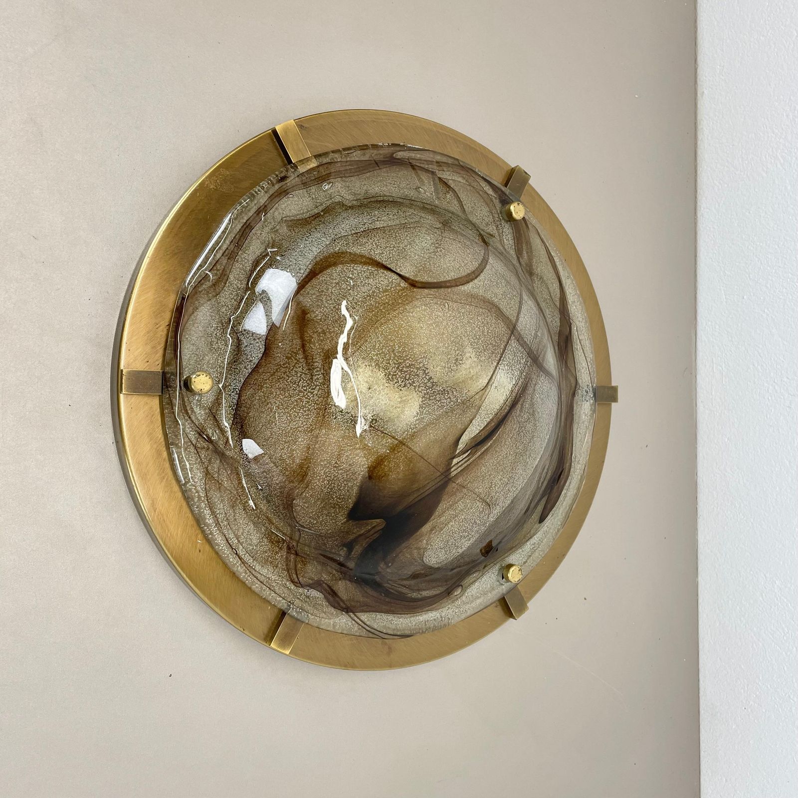 Xxl 45cm Glass + Brass Kalmar Style Wall Ceiling Light Flushmount, Italy 1980 N1 photo vinterior