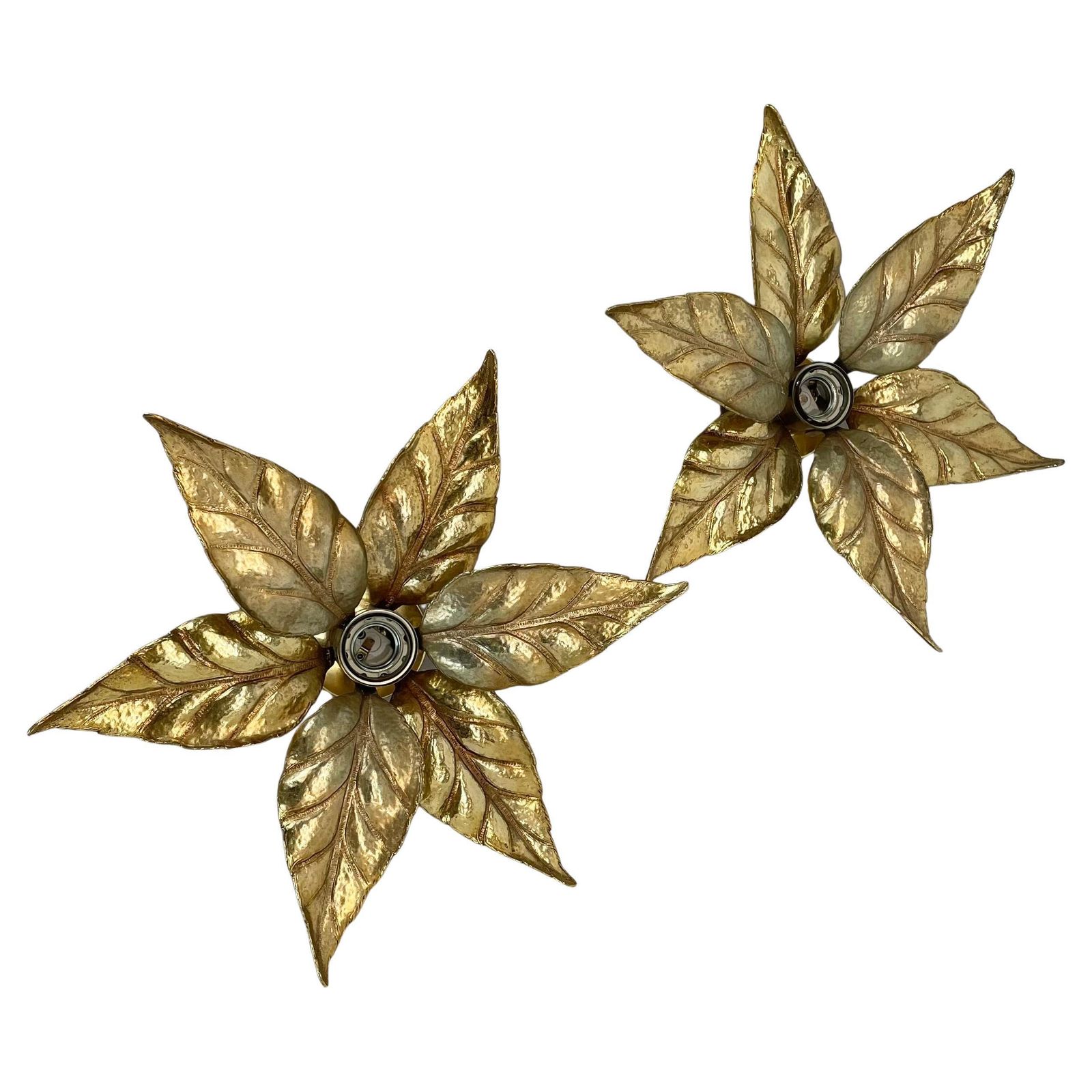 Set Of 2 Brutalist Brass Metal Wall Ceiling Light By Willy Daro, Belgium 1980s