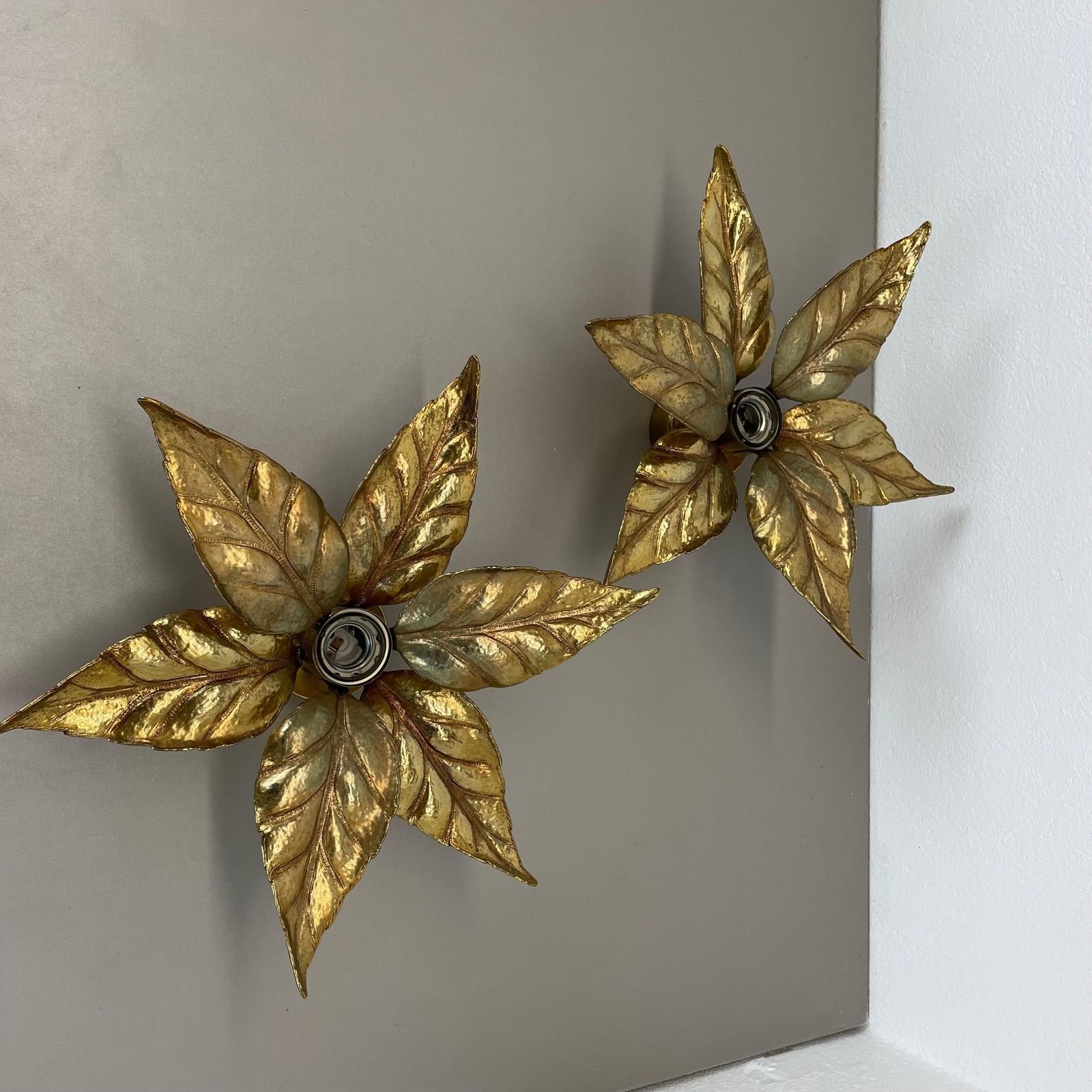 Set Of 2 Brutalist Brass Metal Wall Ceiling Light By Willy Daro, Belgium 1980s photo furniture