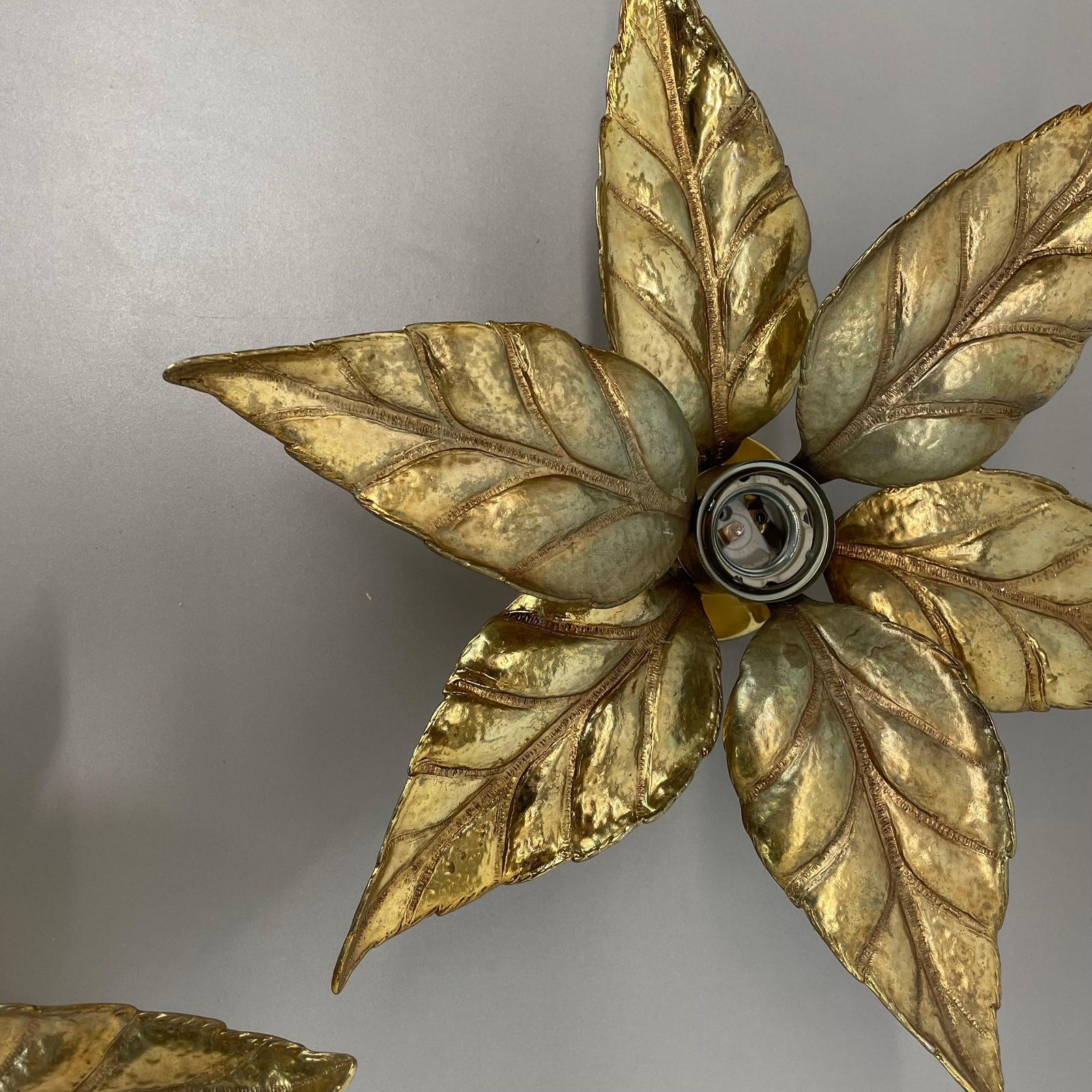 photo for sale Set Of 2 Brutalist Brass Metal Wall Ceiling Light By Willy Daro, Belgium 1980s