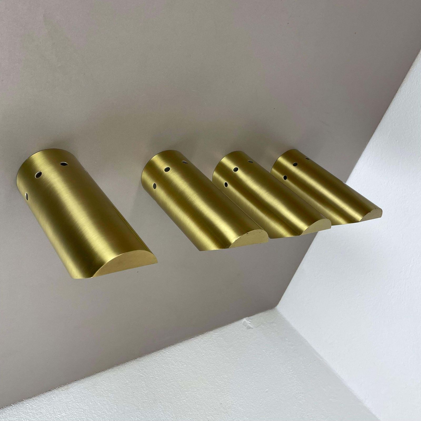 Set Of Four Minimalist Brass "Tube" Wall Ceiling Light Sconces, Italy 1970s photo vinterior