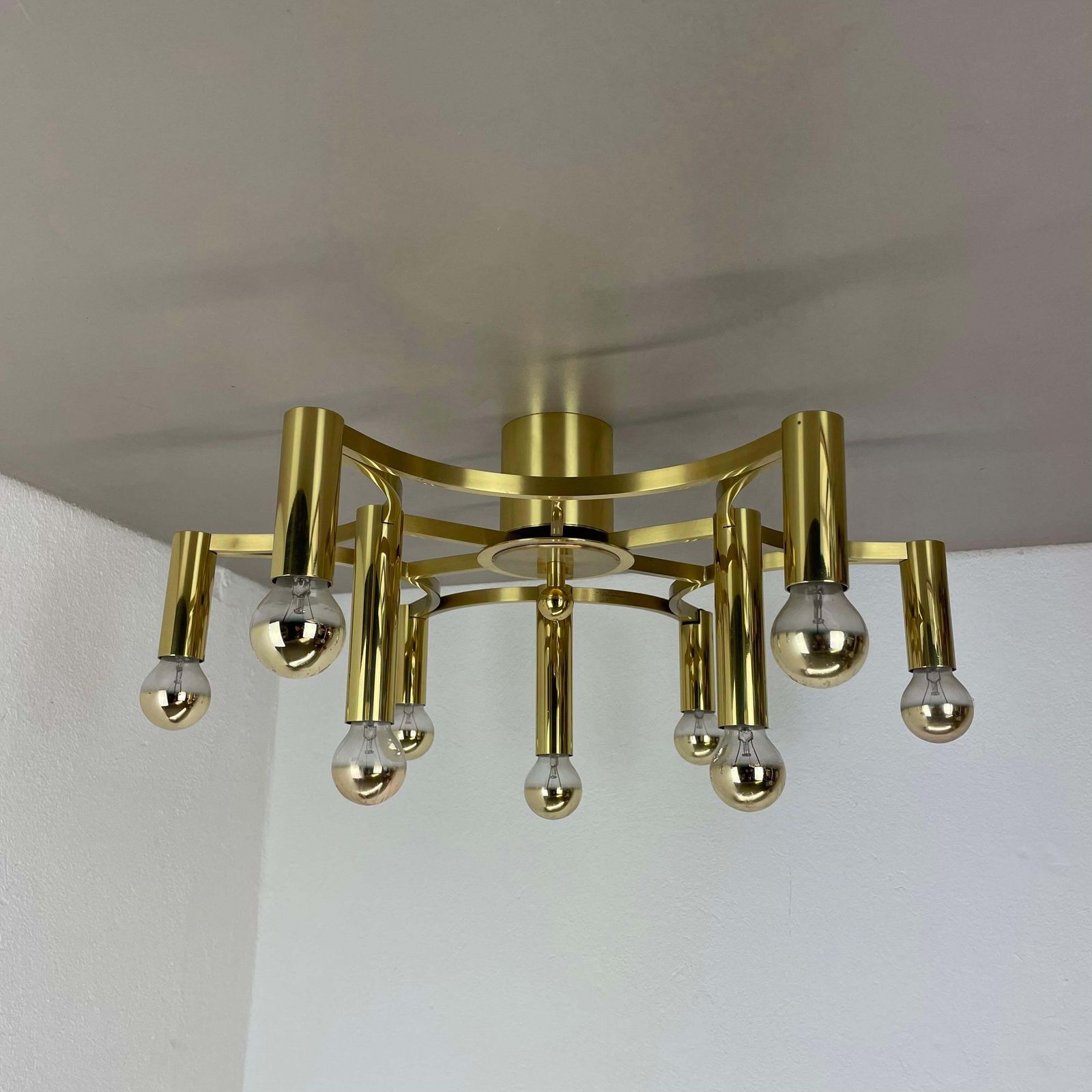 Large Cubic Brass 9 Bulb Stilnovo Style Flush Mount Ceiling Light, Italy 1960s photo furniture