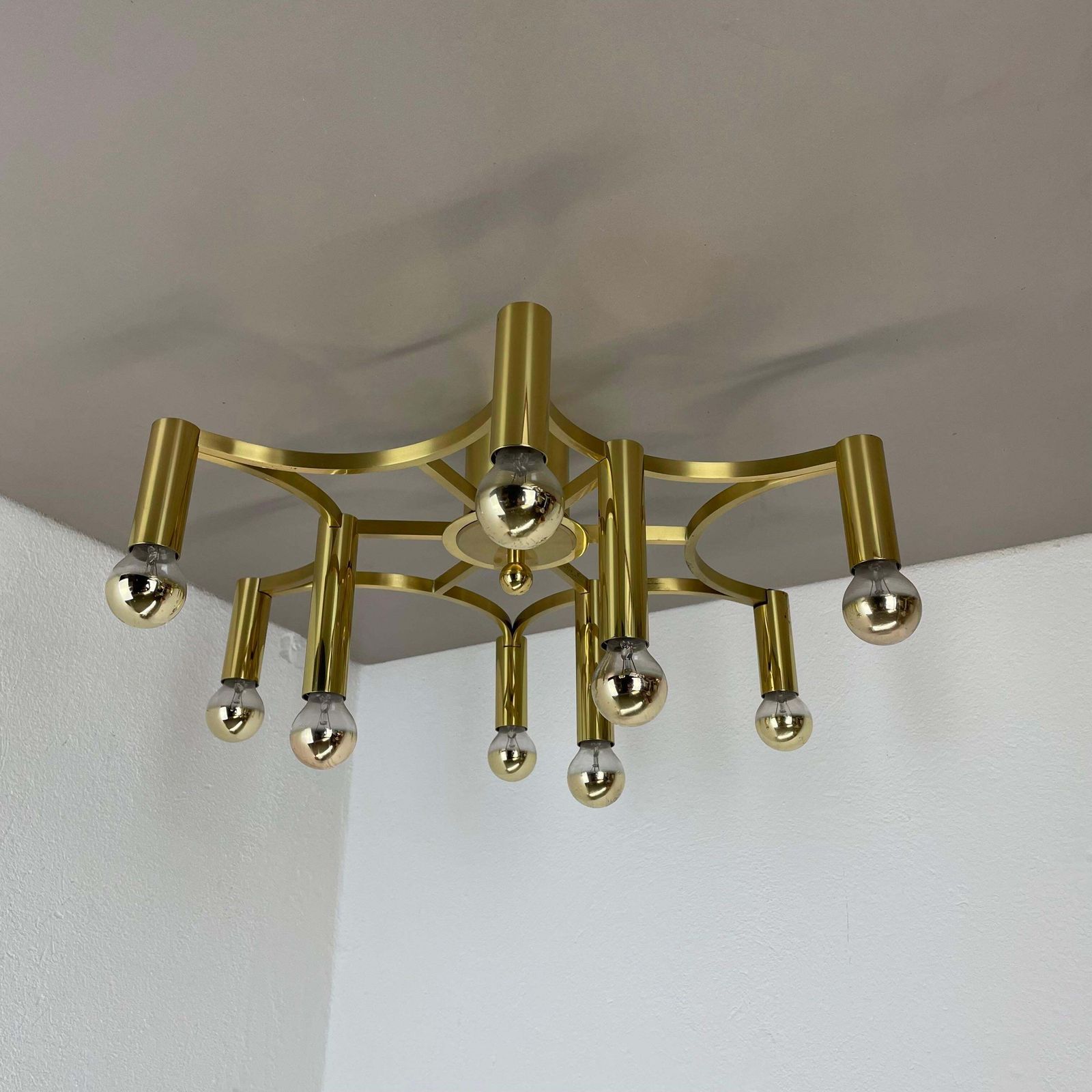 Large Cubic Brass 9 Bulb Stilnovo Style Flush Mount Ceiling Light, Italy 1960s photo for sale