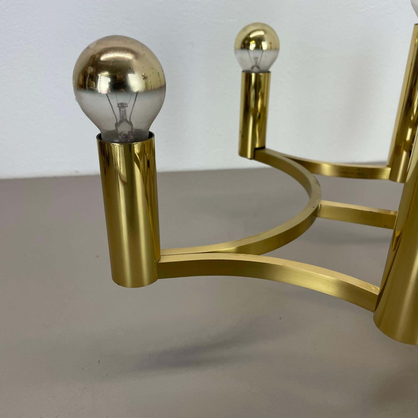 Large Cubic Brass 9 Bulb Stilnovo Style Flush Mount Ceiling Light, Italy 1960s photo Lighting