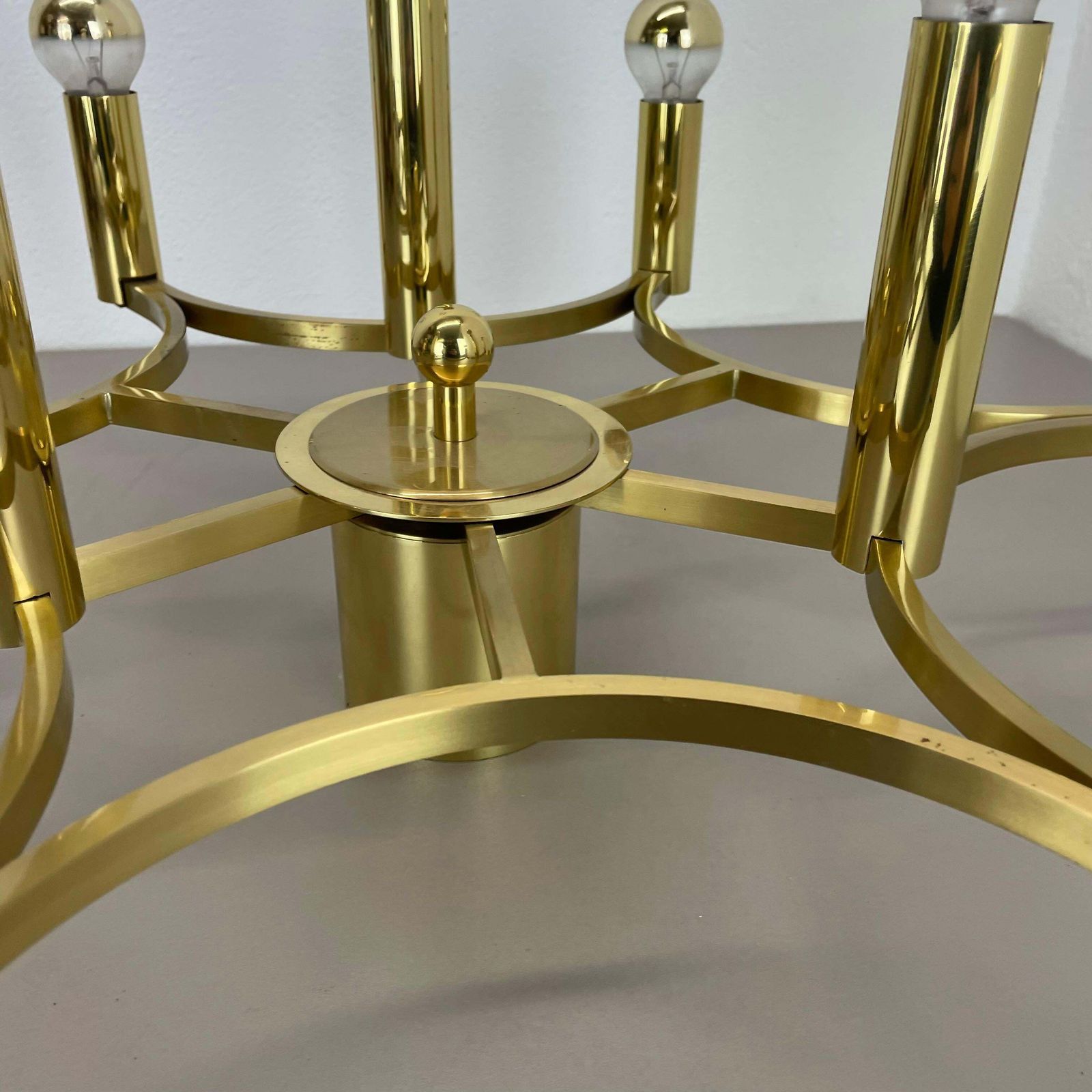 Large Cubic Brass 9 Bulb Stilnovo Style Flush Mount Ceiling Light, Italy 1960s photo vinterior