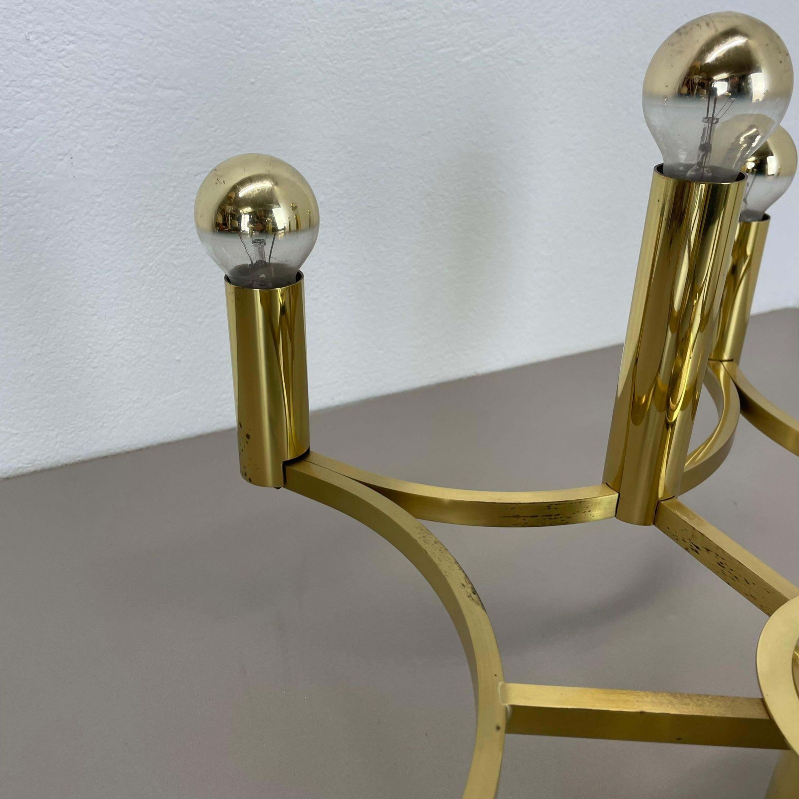 photo furniture Large Cubic Brass 9 Bulb Stilnovo Style Flush Mount Ceiling Light, Italy 1960s