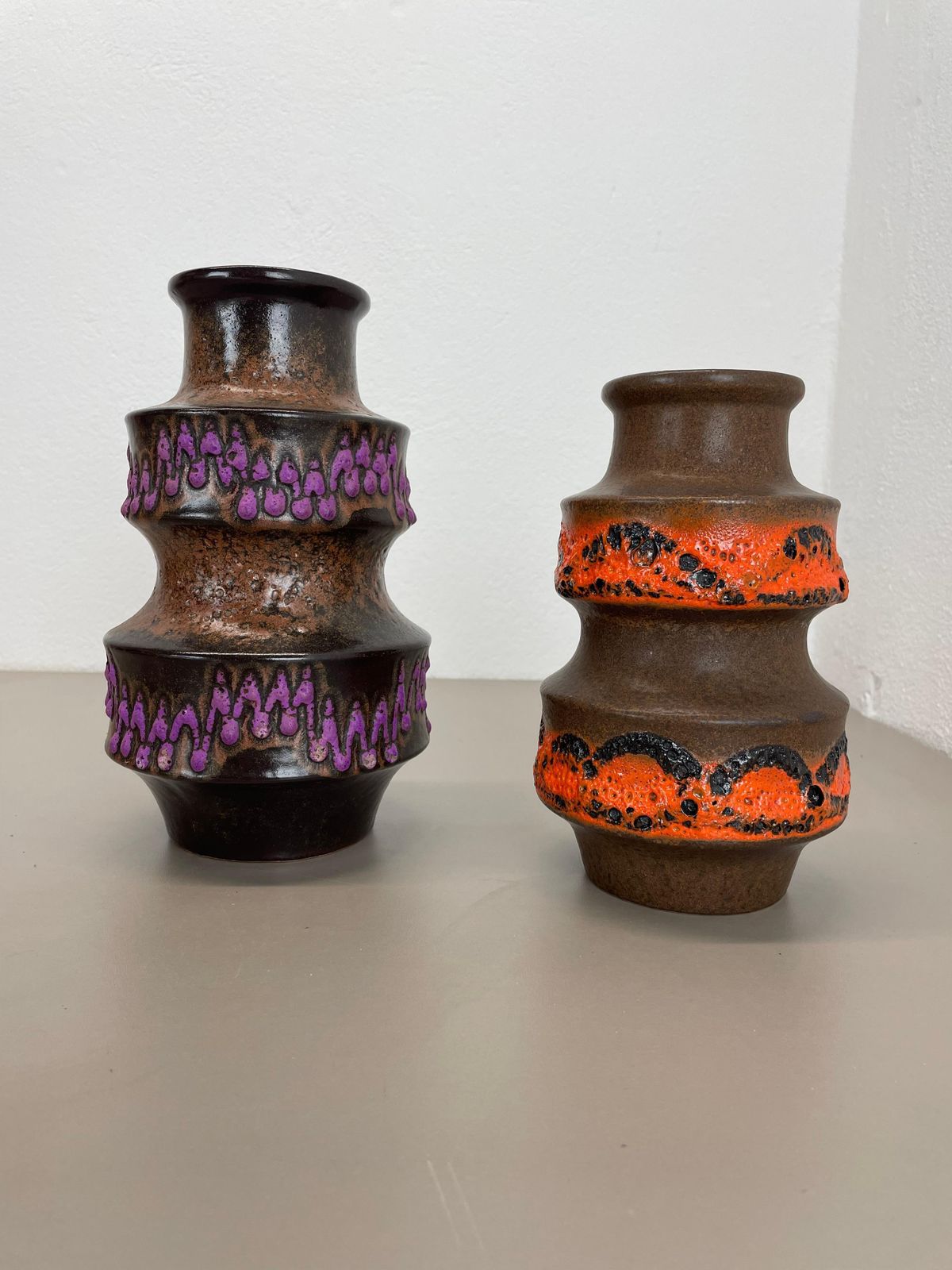 Set Of Two Wgp "Pink Orange" Ceramic Fat Lava Vases By Scheurich, Germany, 1970s photo furniture