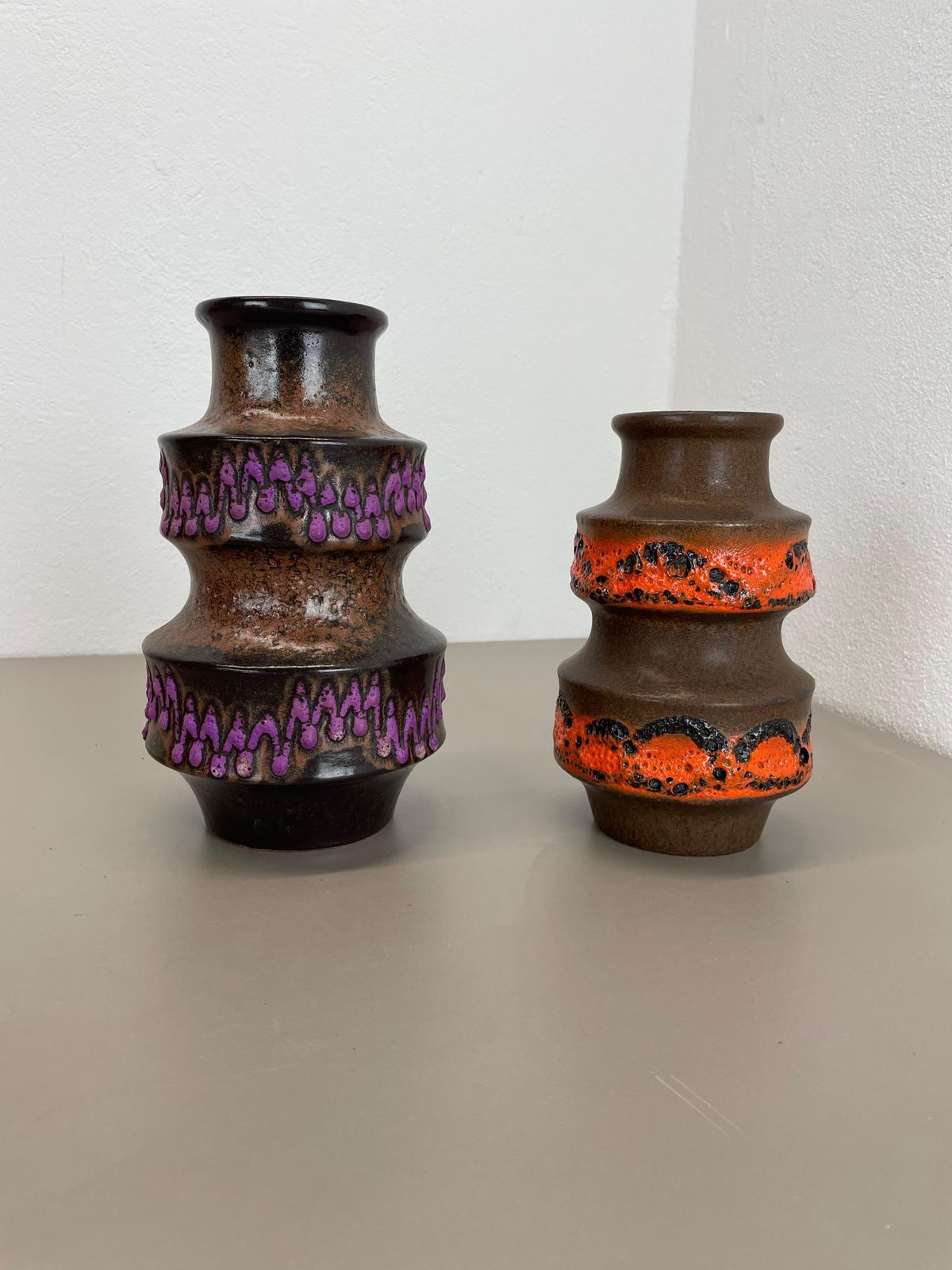 Set Of Two Wgp "Pink Orange" Ceramic Fat Lava Vases By Scheurich, Germany, 1970s photo Home Decor