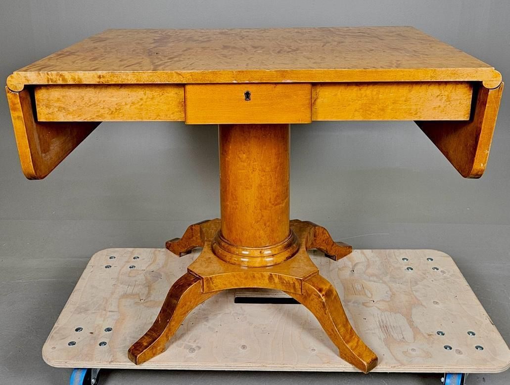 Swedish Biedermeier Drop Leaf Pedestal Table Golden Birch 142cm photo for sale