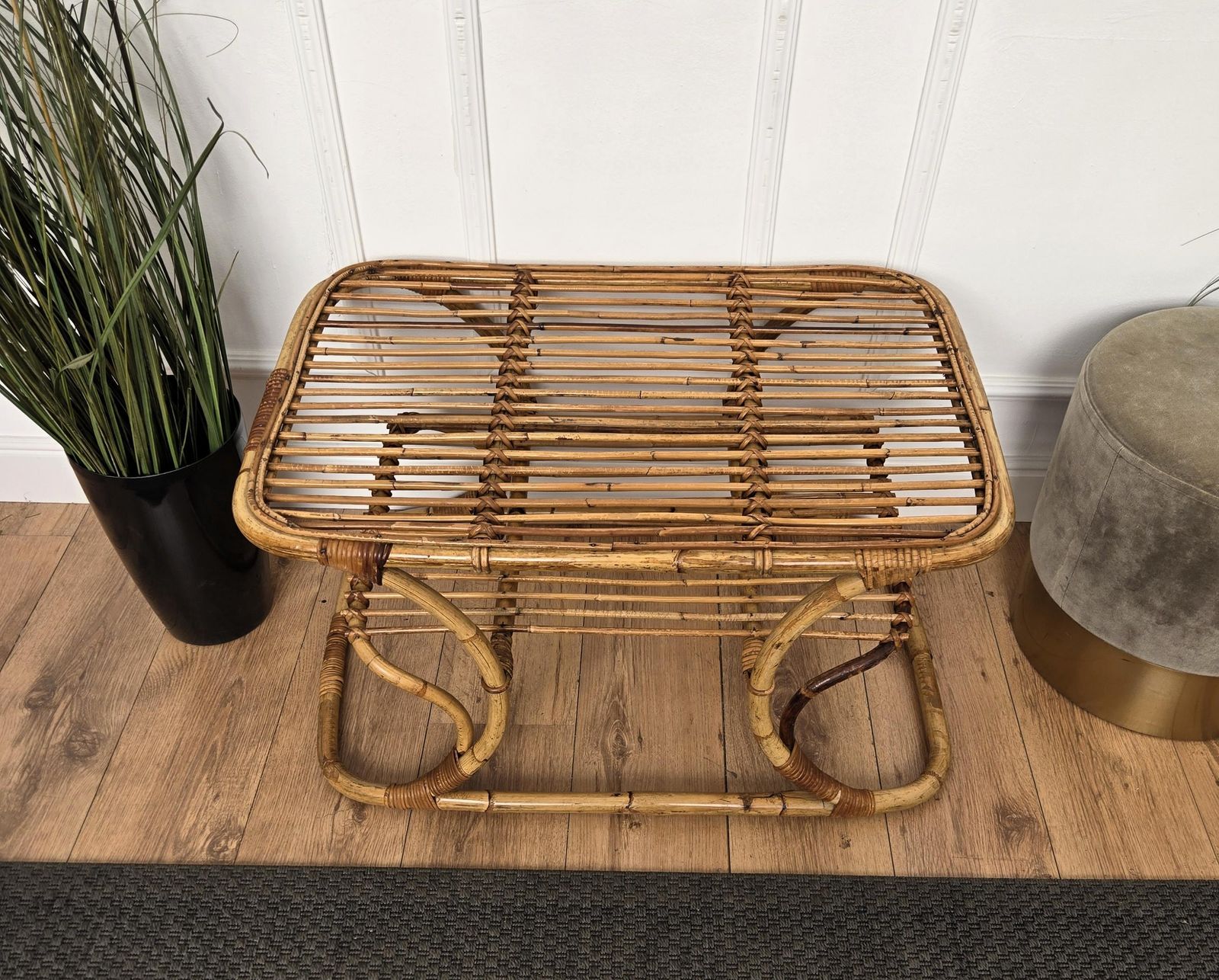 1960s Italian Bamboo Rattan Bohemian French Riviera Bench Or Side Accent Table photo buy