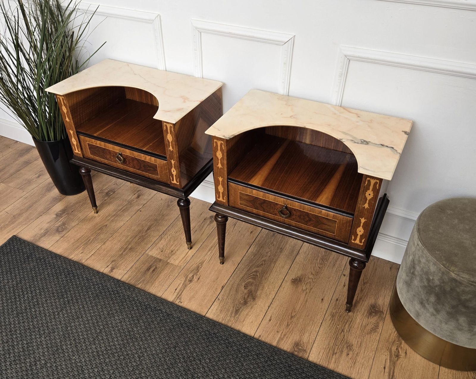 Pair Of Italian Art Deco Wood Marble Top Night Stands Bedside Tables photo vinterior