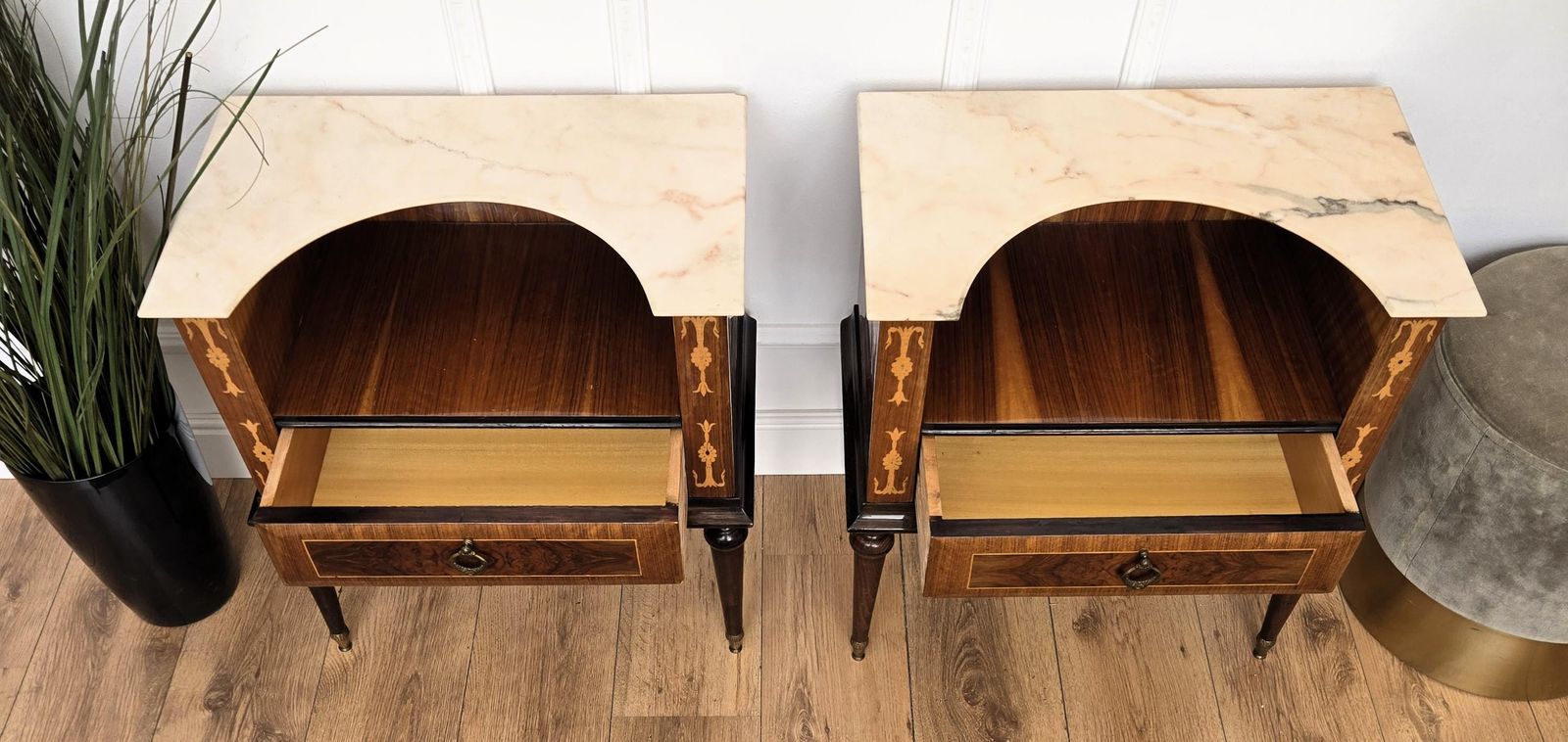 Pair Of Italian Art Deco Wood Marble Top Night Stands Bedside Tables photo buy
