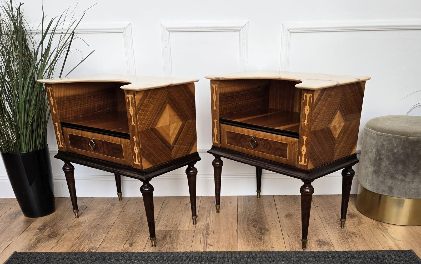 Pair Of Italian Art Deco Wood Marble Top Night Stands Bedside Tables photo vintage