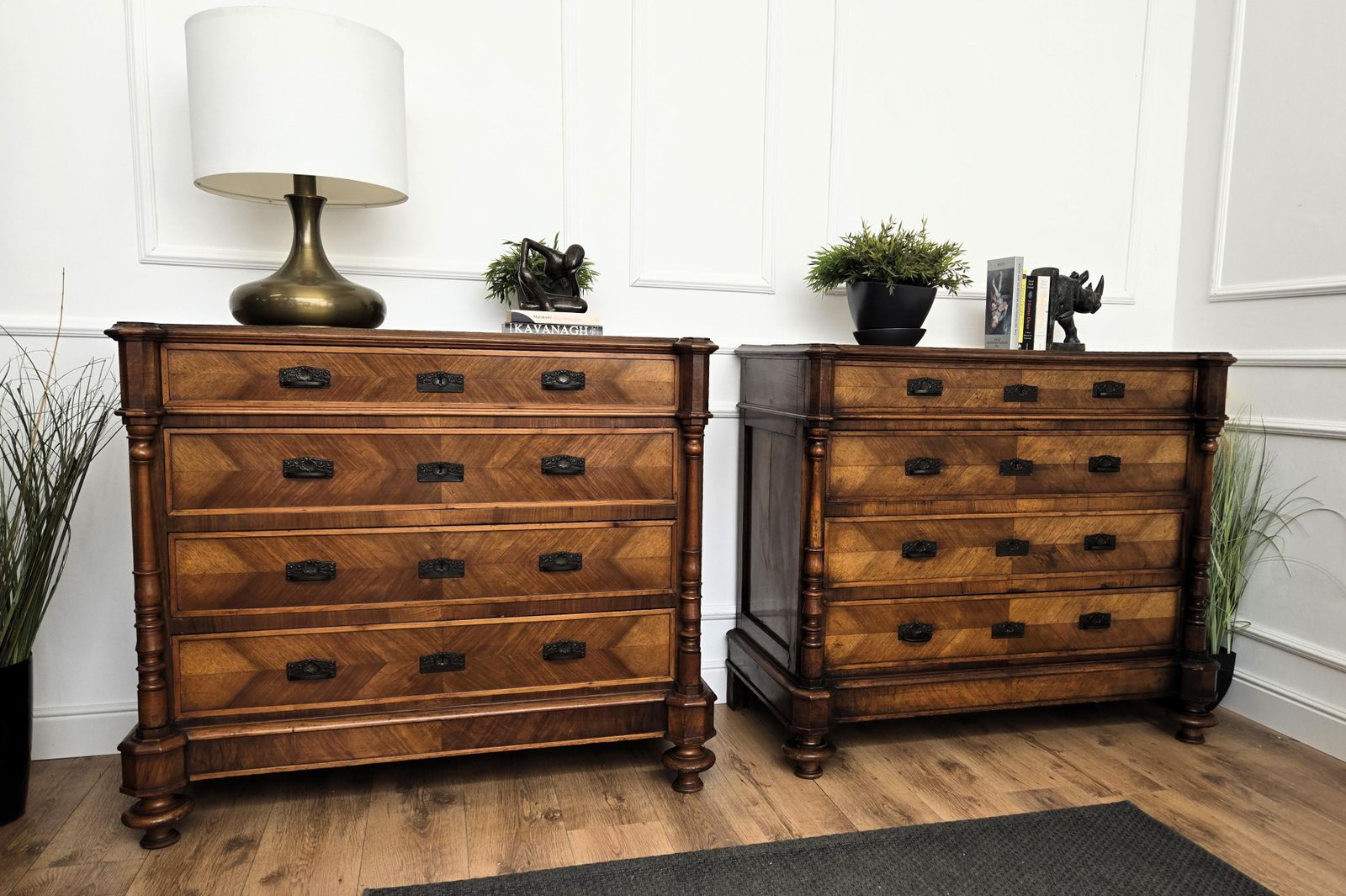 Pair Of Italian Carved Walnut Burl Brass Chest Of Drawers Sideboard Credenza photo buy