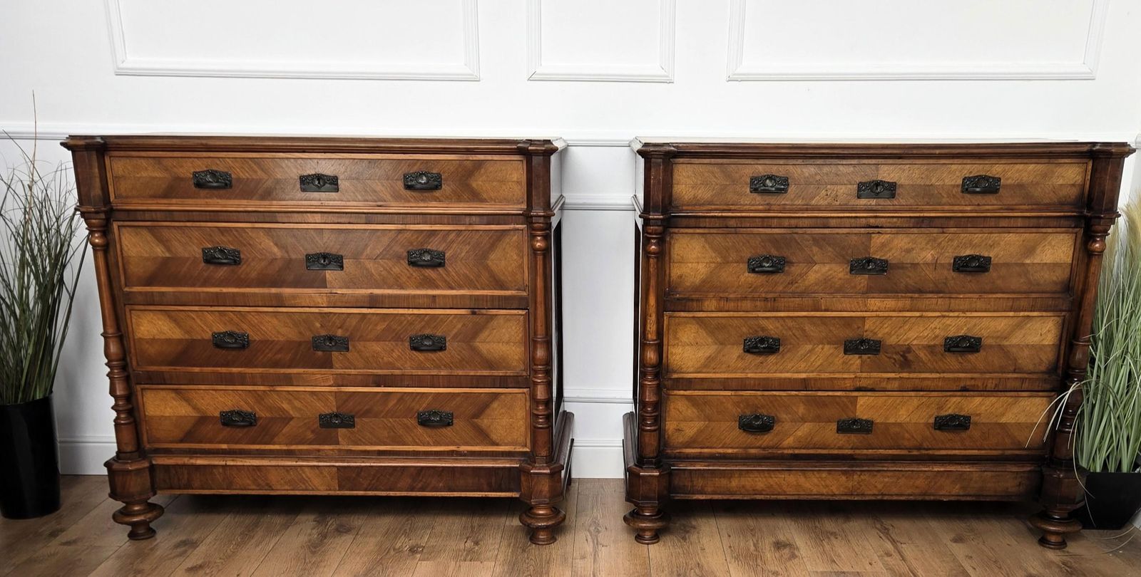 Pair Of Italian Carved Walnut Burl Brass Chest Of Drawers Sideboard Credenza photo vintage