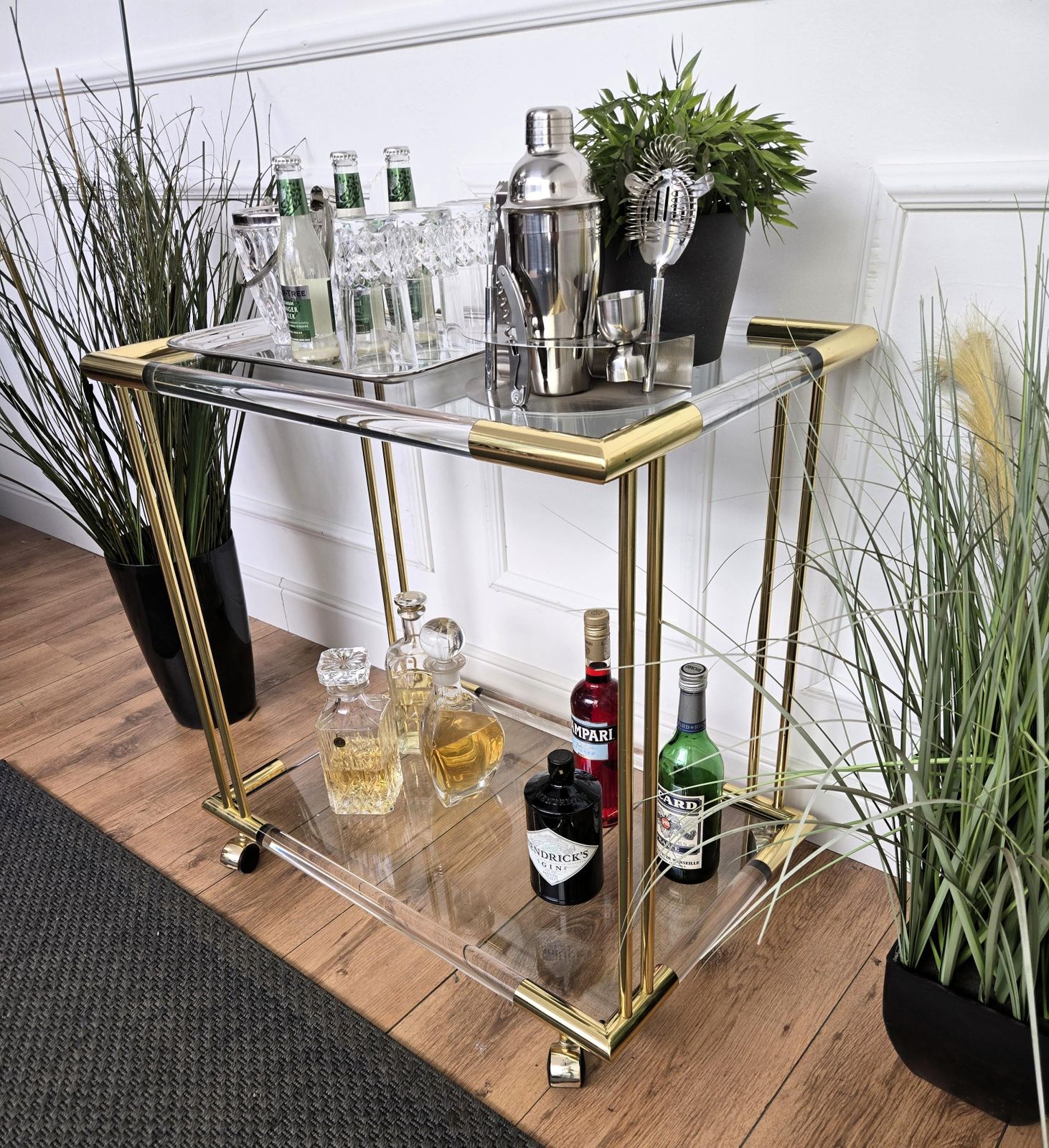 1960s Italian Two Tier Gilt Brass Plexiglass And Glass Dry Bar Cart photo 1504.0