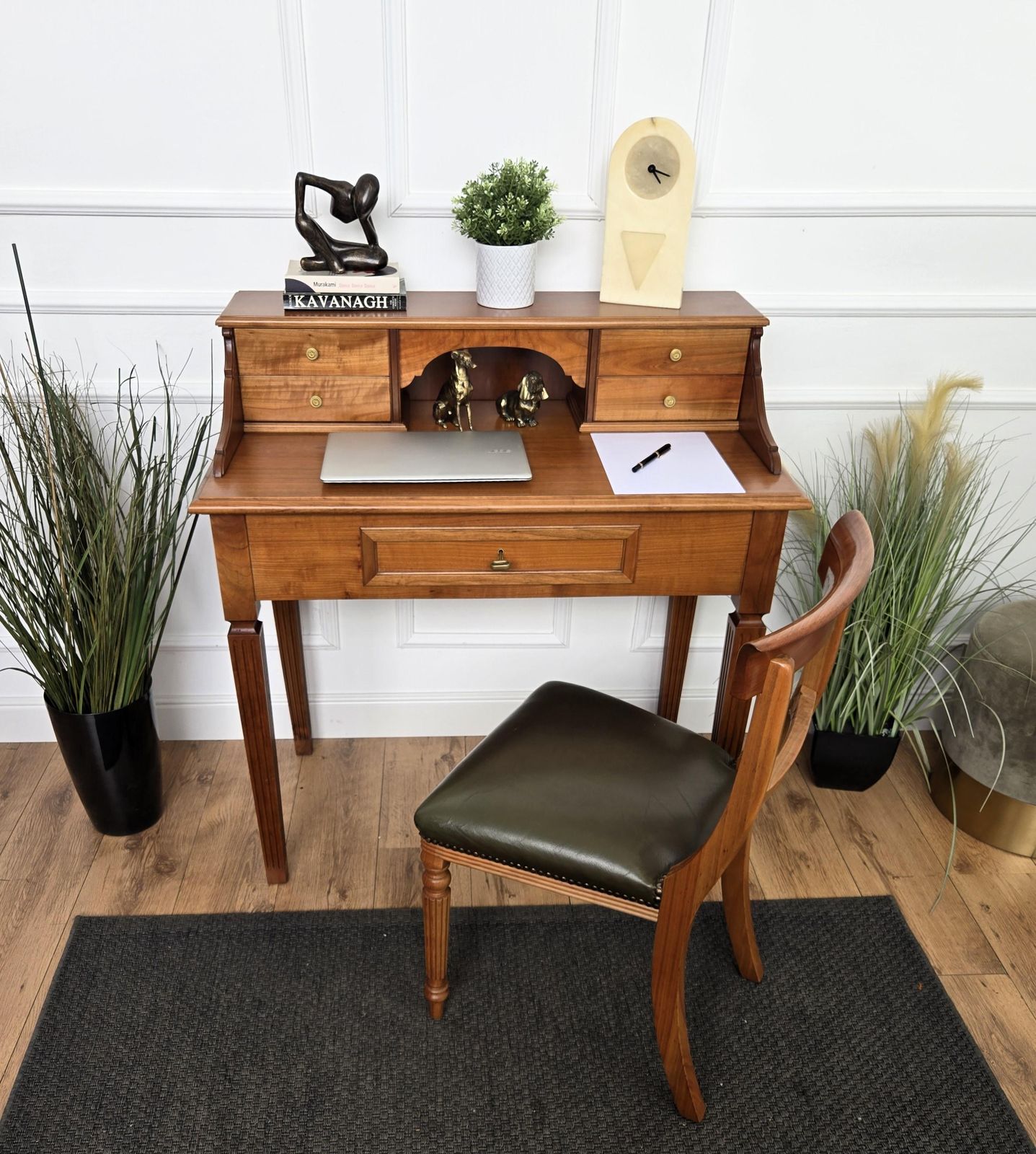 Mid Century Italian Carved Wood Writing Desk Console Table With Leather Chair photo furniture