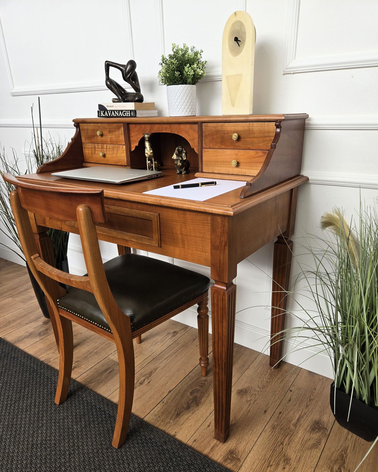Mid Century Italian Carved Wood Writing Desk Console Table With Leather Chair photo Furniture
